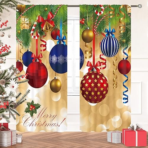 Cinbloo Cortinas de Feliz Navidad con bolsillo para barra, bolas coloridas, cinta para colgar en pino, Navidad, feliz año nuevo, arte impreso, sala