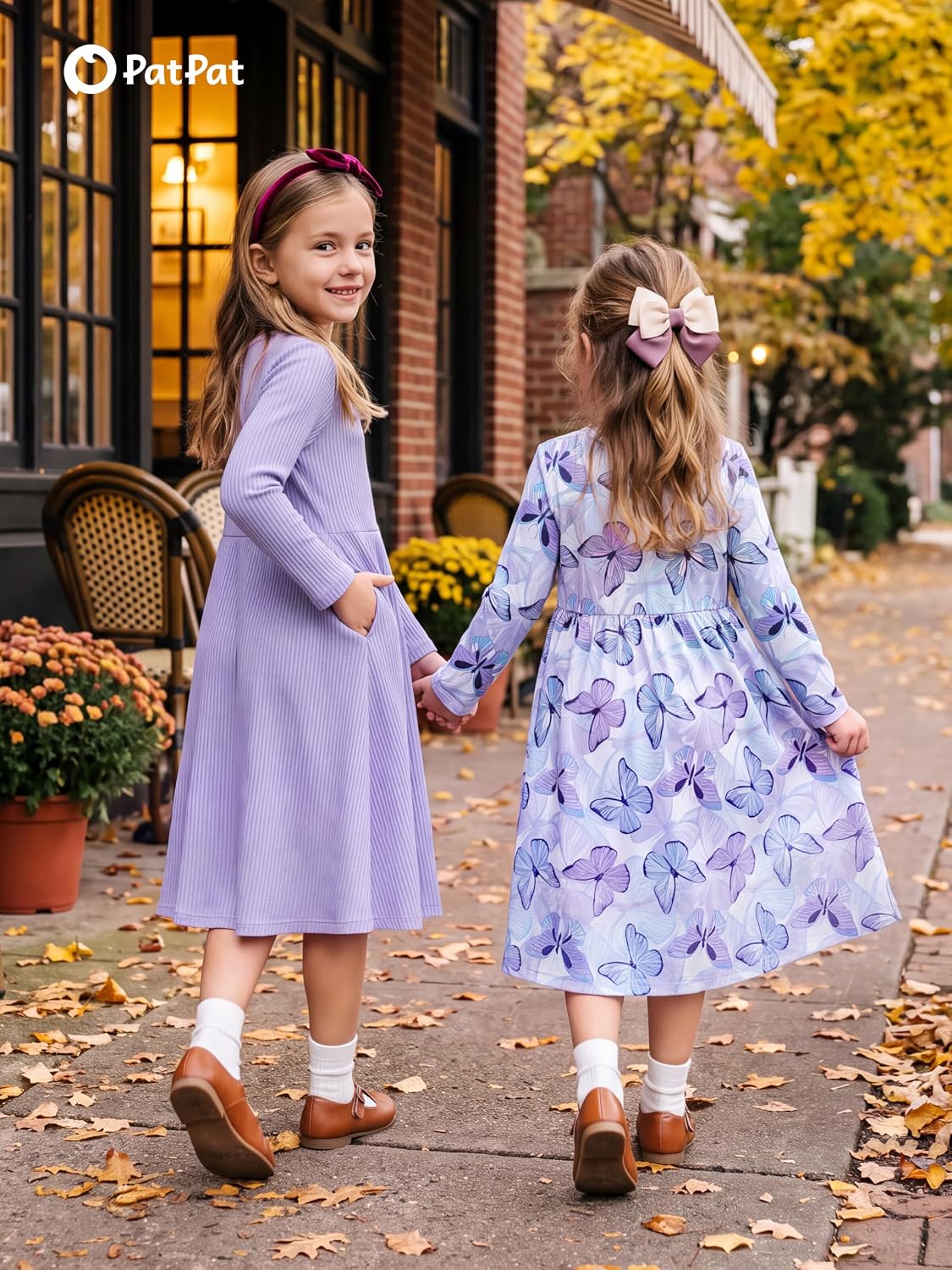 PATPAT Girls Long Sleeve Ribbed Cotton & Woven Printed Dresses 2-Pack 3-10Y