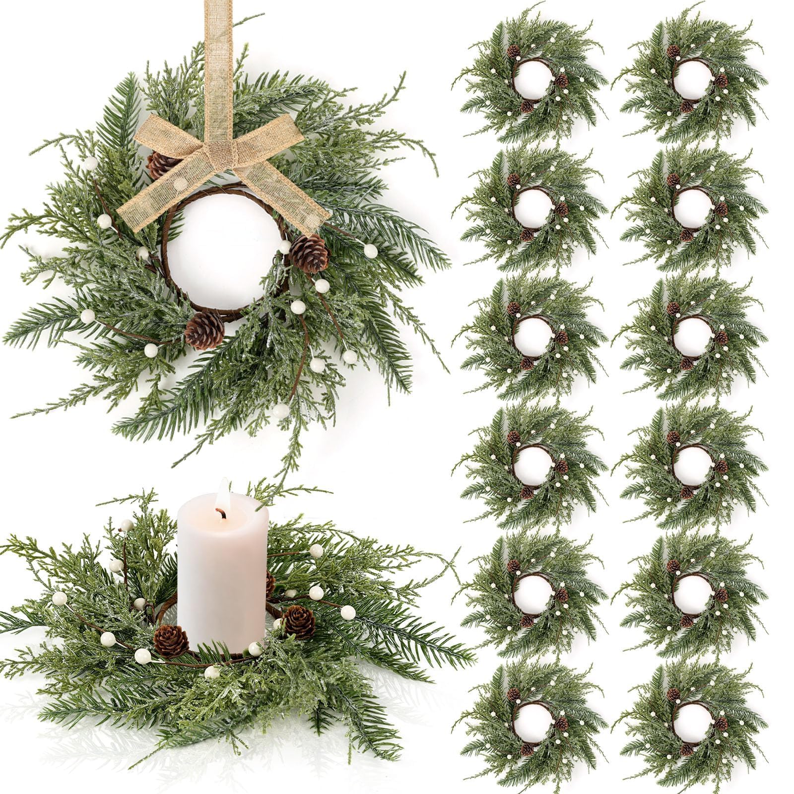 12 PCS Christmas Wreath Candle Rings Mini Wreath Pine Garland Artificial Frosted Cedar and Pine Cone Candle Rings Holder for Christmas Wedding Home Table Centerpiece Door Window Chair Wall