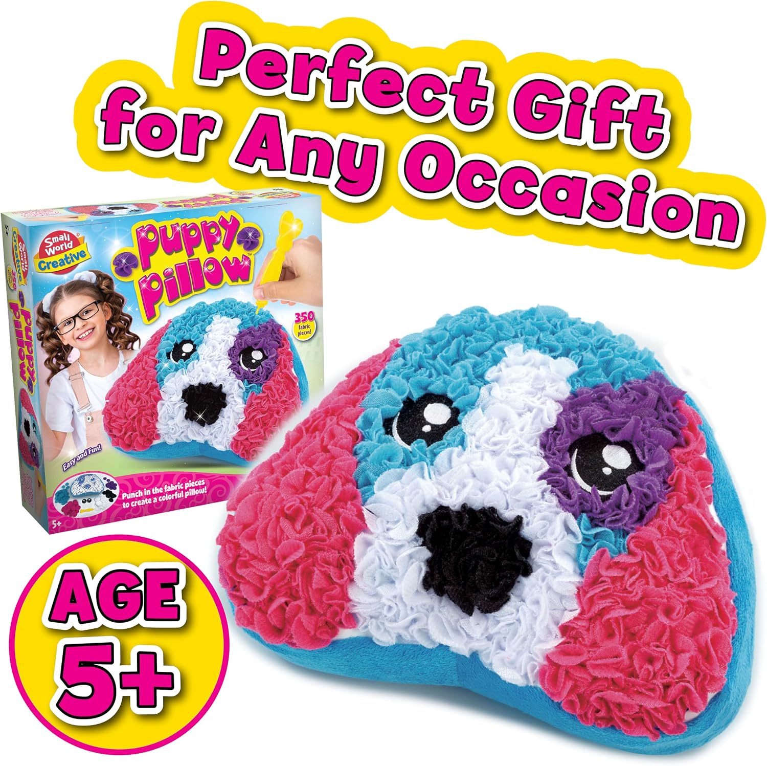 Small World Toys Plush Craft Puppy Pillow – DIY Plush Animal Kit with 350 Fabric Art Pieces, No-Sew Poke-in Art for Kids, Fun Learning Toy for Kids Ages 5+, Creative Gifts for Girls and Boys