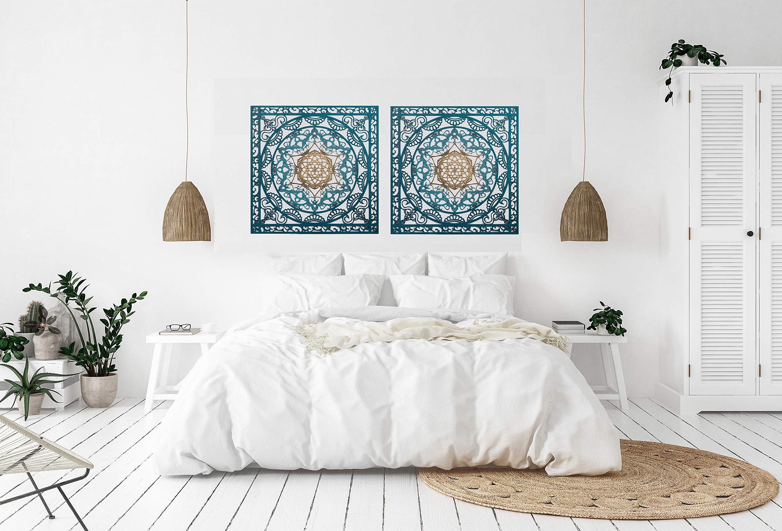 Wood Decor Mandala Set of 2, Square Bedroom Wall Hanging, Turquoise Gold Modern Morrocan Handmade Geometric Housewarming Gift, Boho Ethnic New Home Décor