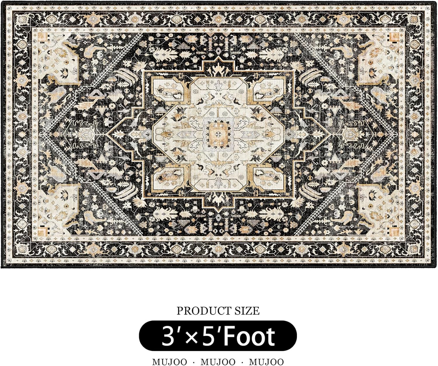 MUJOO Black Rug 3'x5' Washable,Boho Small Area Rugs for Bedroom Entryway Living Room Kitchen,Non Slip Carpet Indoor,Vintage Soft Black and Gold Floral Rug