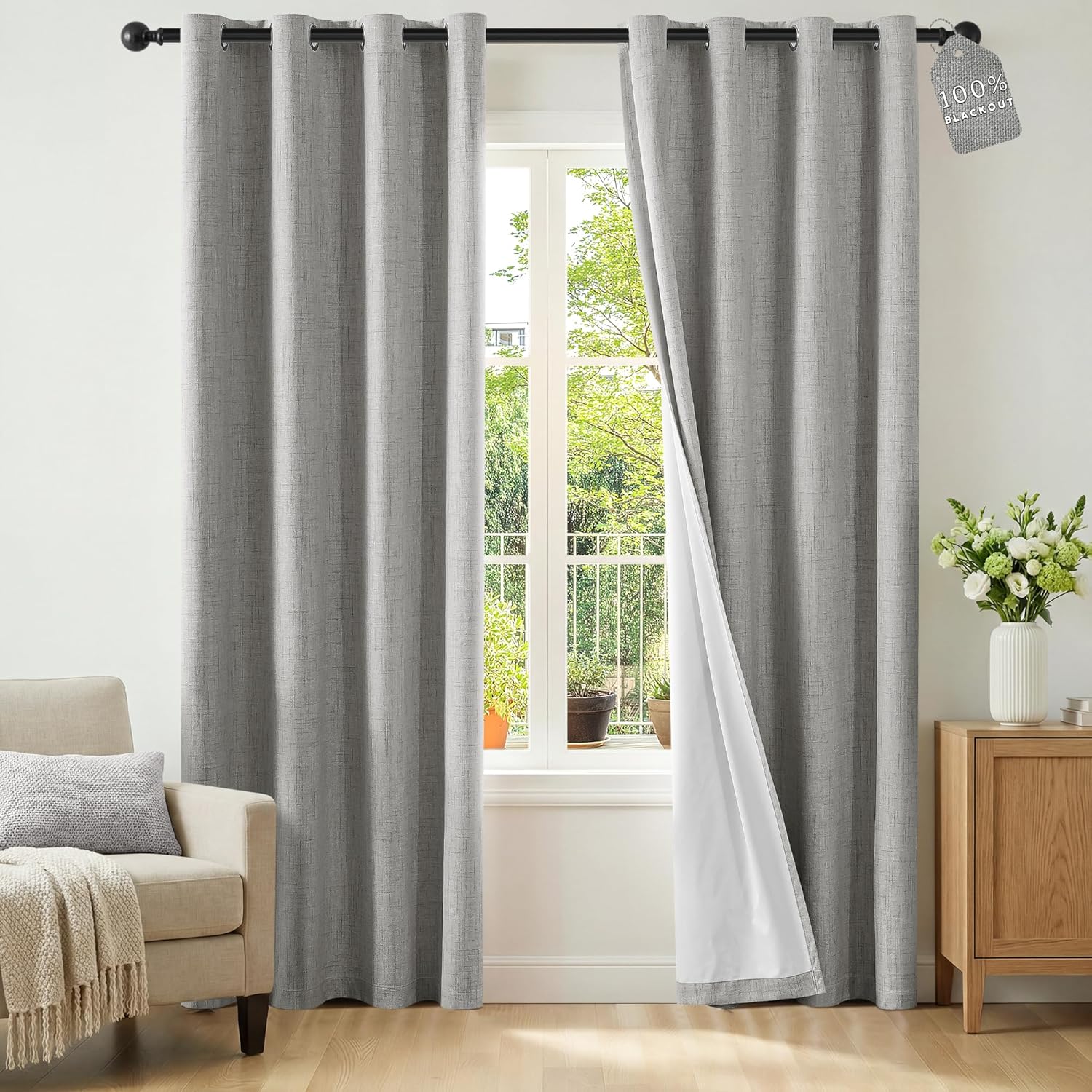 ChrisDowa Linen Blackout Curtains 84 Inch Long 100% Blackout Curtains for Bedroom Grommet Top Thermal Curtains Total Blackout Drapes Privacy Protection for Living Room 2 Panels, Grey 52" W x 84" L