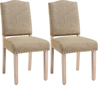 Yaheetech 2PCS de Sillas de Comedor de Respaldo Alto, Sillas de Cocina, Piernas de Madera Maciza, Diseño Clásico, Reposabrazos con Botones de Bronce y Asientos Acolchados Khaki