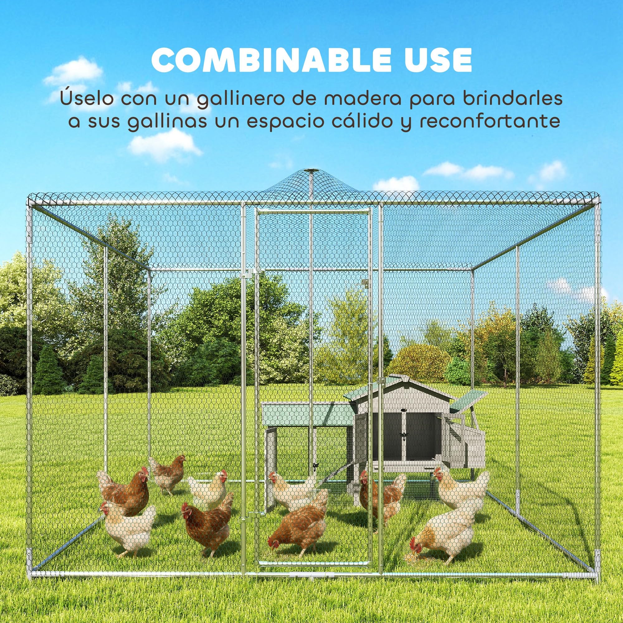 PawHut Gallinero para Exterior Grande 4x3x1,97 m 12 m² para 12-18 Plata | Gallinero de Acero Galvanizado, Walk-In, Puerta con Doble Cierre, Red Superior de PE, Resistente a la Intemperie, Conejera