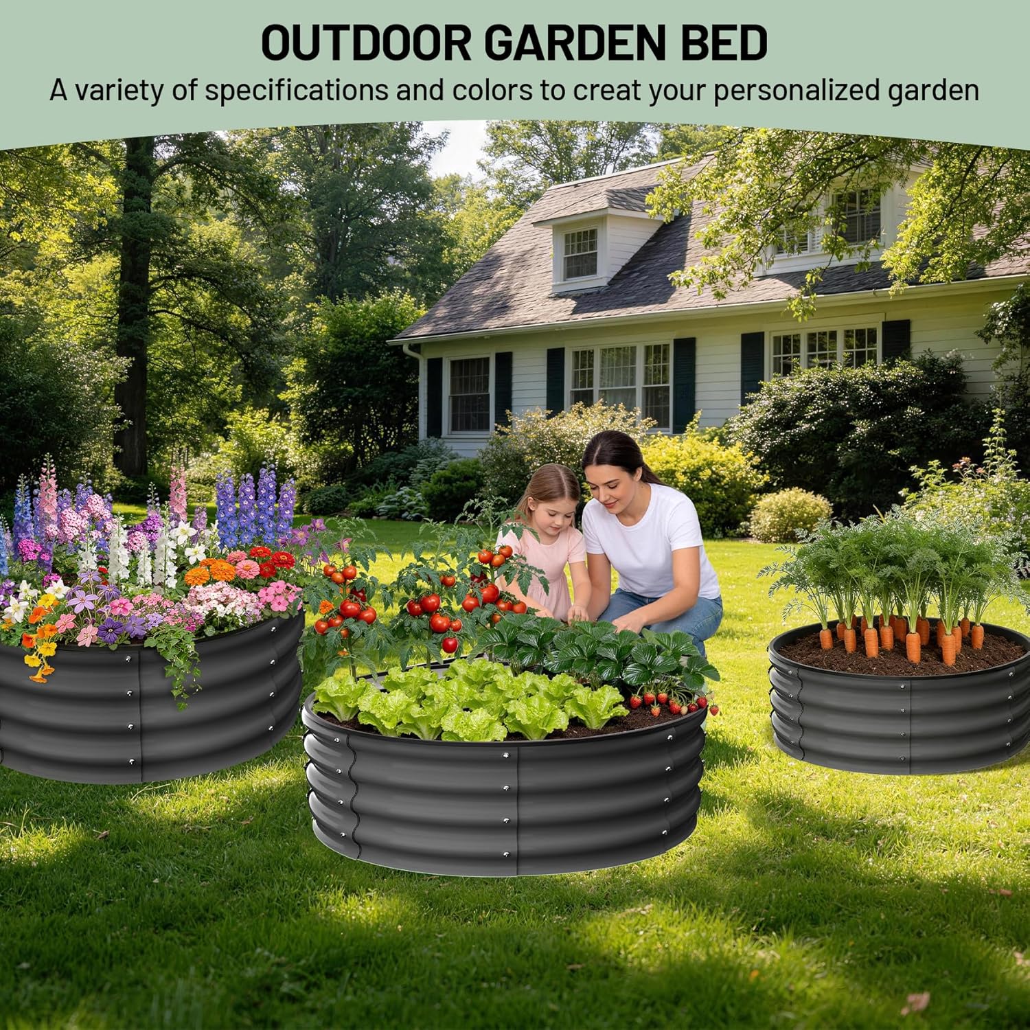 GarveeLife 2 Pcs Galvanized Raised Garden Bed, Raised Garden Beds Outdoor, Round Planter Raised Beds with Gloves and Rubber Edge Trim for Vegetables, Flowers and Herbs, 2x2x1 FT, Dark Grey