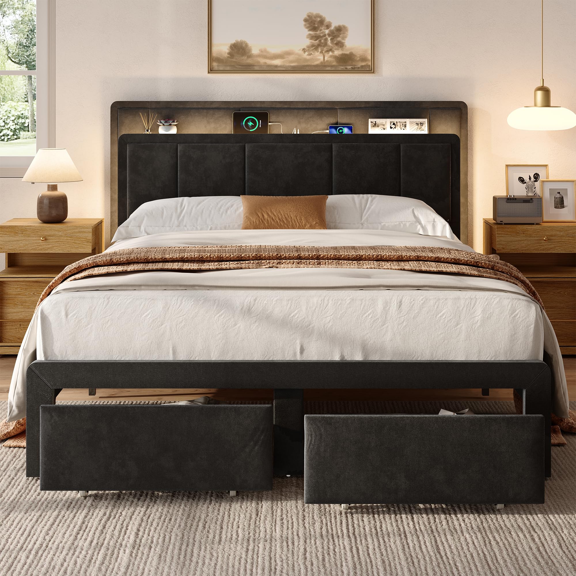 Photo 1 of nesture. Queen Storage Bed Frame, Upholstered Platform Bed with 2 Drawers, Velvet Vertical Tufted Headboard with LED Lights & Charging Station, Wooden Slats Support, No Box Spring Needed, Off-White