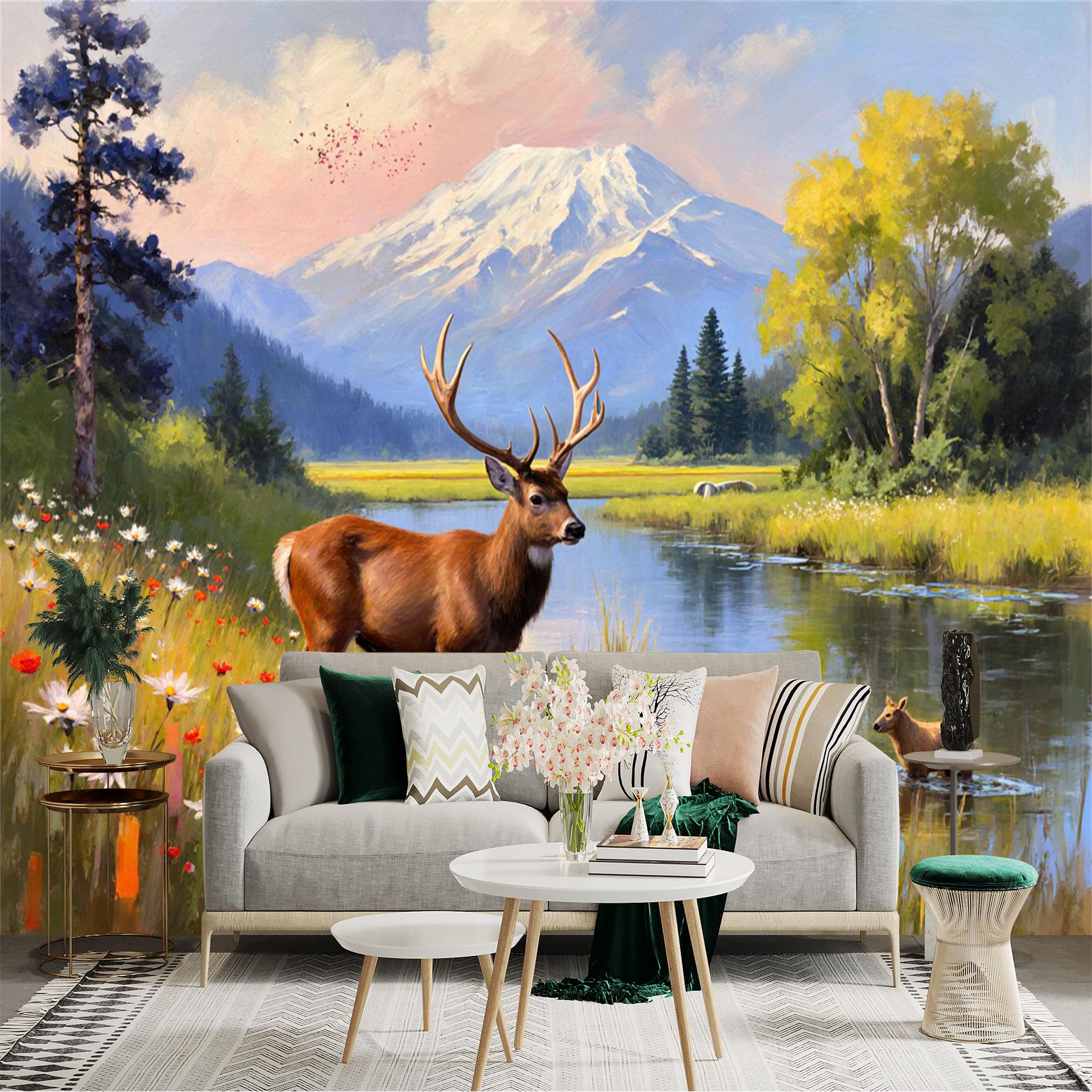 Lnzczhyre Xc260505289 Custom Size Wall Sticker Mural， Majestic Stag In Wild Meadow， Scenic Mountain Lake Landscape， Vibrant Floral Riverbank， For Wall Decoration， Peelandstick Wall Decals.