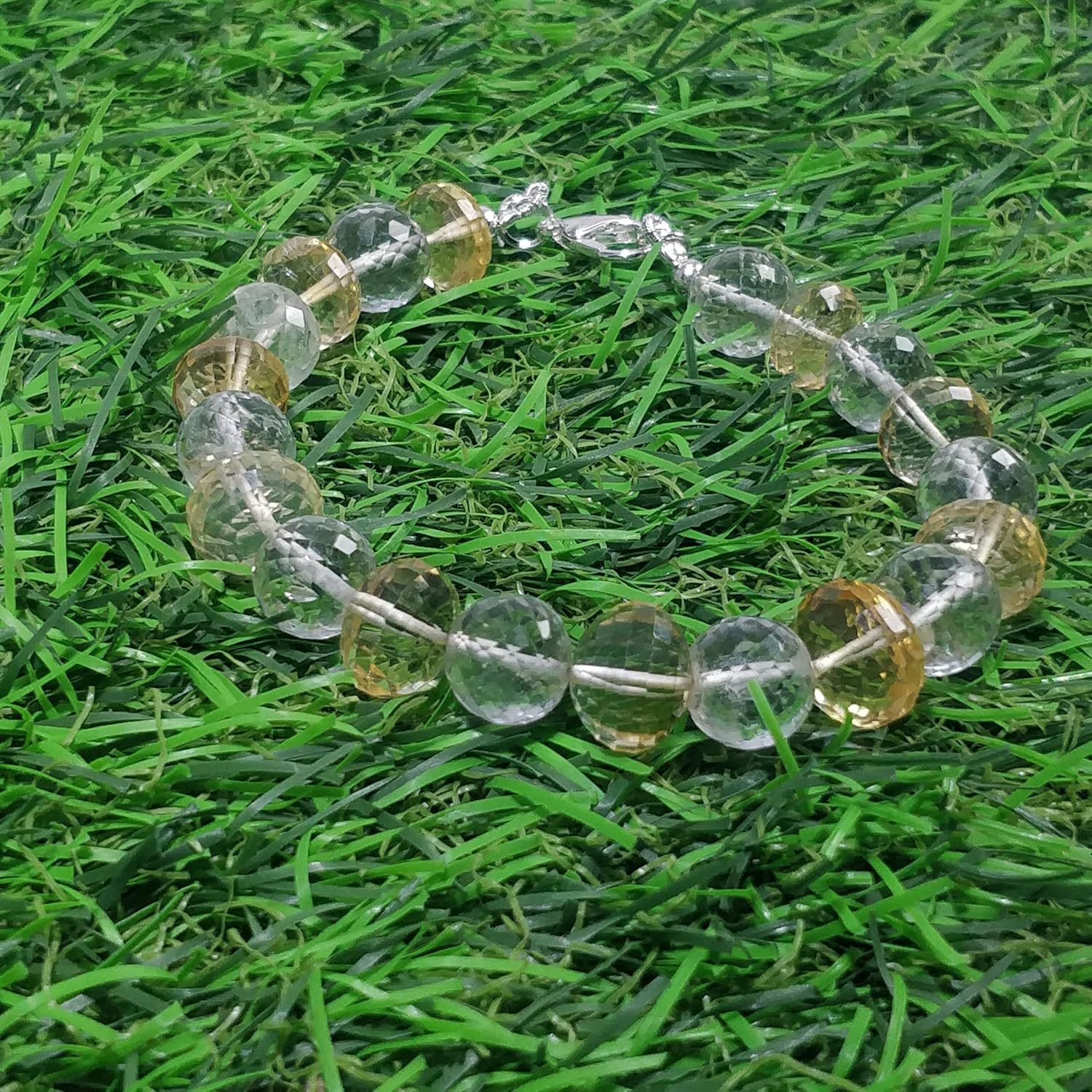 LKBEADS Natural golden citrine & crystal quartz gemstone 10x7-9x9 mm stacking bracelet | 7 inch | multi color, rondelle shape, faceted cut, stone | with silver plated clasp|LK_ESK_00066