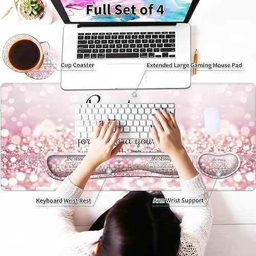 Miniatura 10 de Juego de alfombrillas de mouse grandes para juegos de 35.4 x 15.7 pulgadas con reposamuñecas para teclado, soporte de muñeca y posavasos de espuma