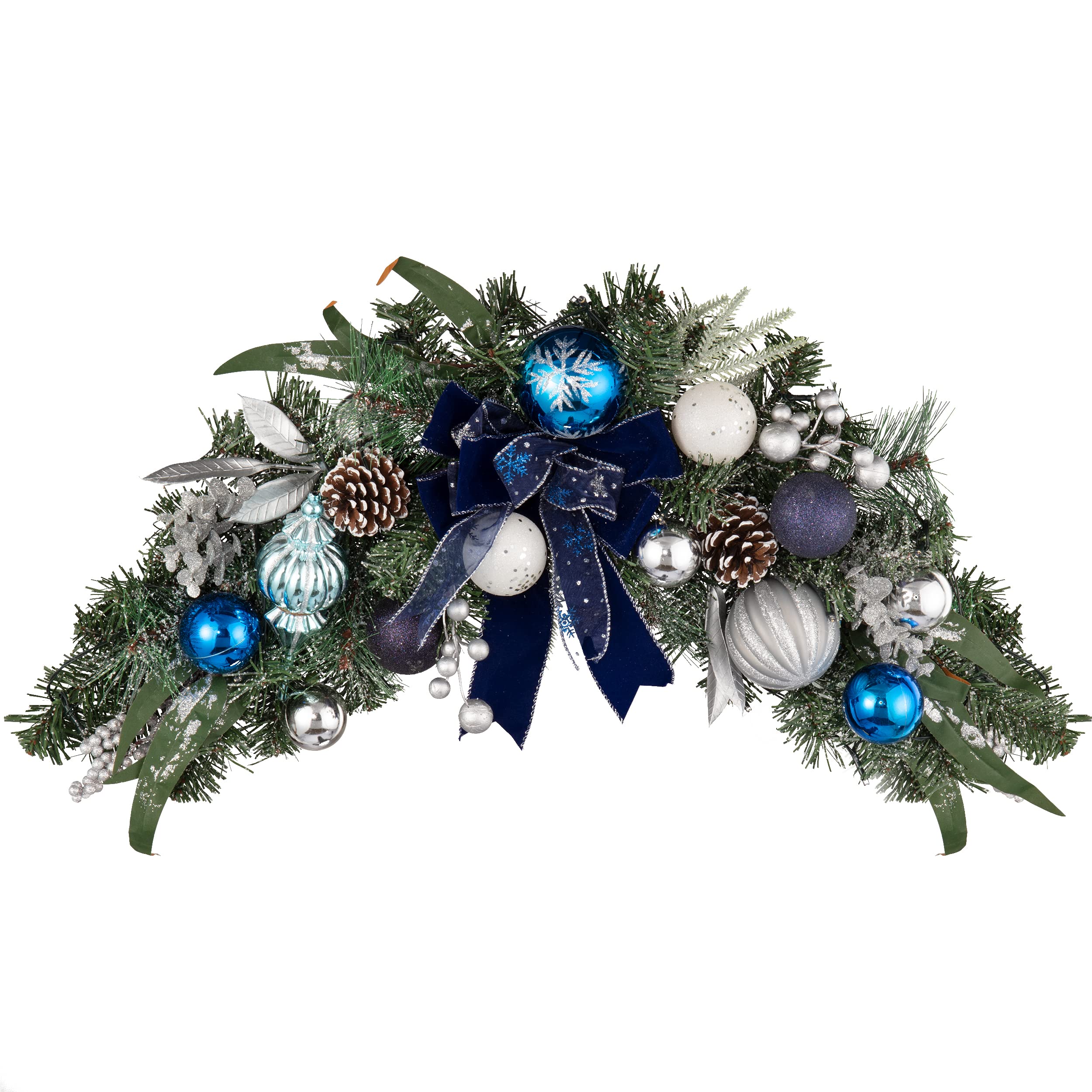Valery Madelyn Pre-Lit 25 inch Winter Wishes Silver Blue Christmas Swag for Front Door Decorative Swag with 20 LED Lights Pine Cone and Ball Ornaments for Window Fireplace Mantle Xmas Decor