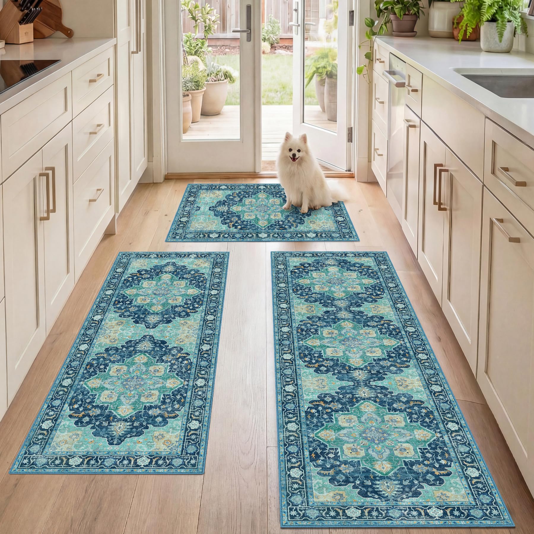 Photo 1 of Articosy Kitchen Rugs Sets 3 Piece with Runner, Washable Non Slip Soft Boho Kitchen Mats, Low Pile Stain Resistant Carpet for Hallway, Laundry Room, Entryway (20"x32"+20"x48"+20"x59", Teal Blue)