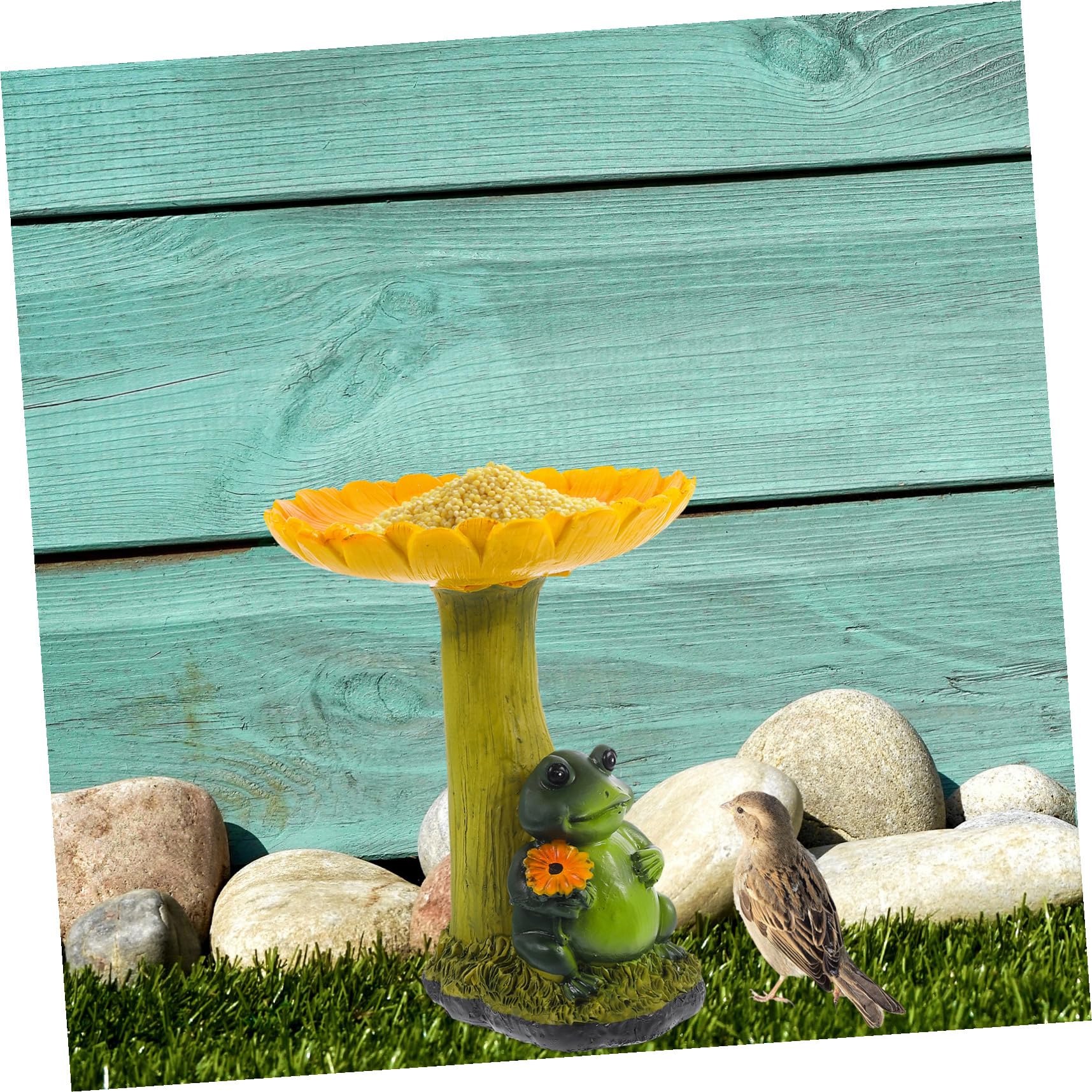 Comedero para Pájaros de Resina Diseño de Rana y Girasol para Jardín Exterior, Baño para Pájaros Decorativo, Resistente y Fácil de Limpiar, Accesorio de Jardín Funcional