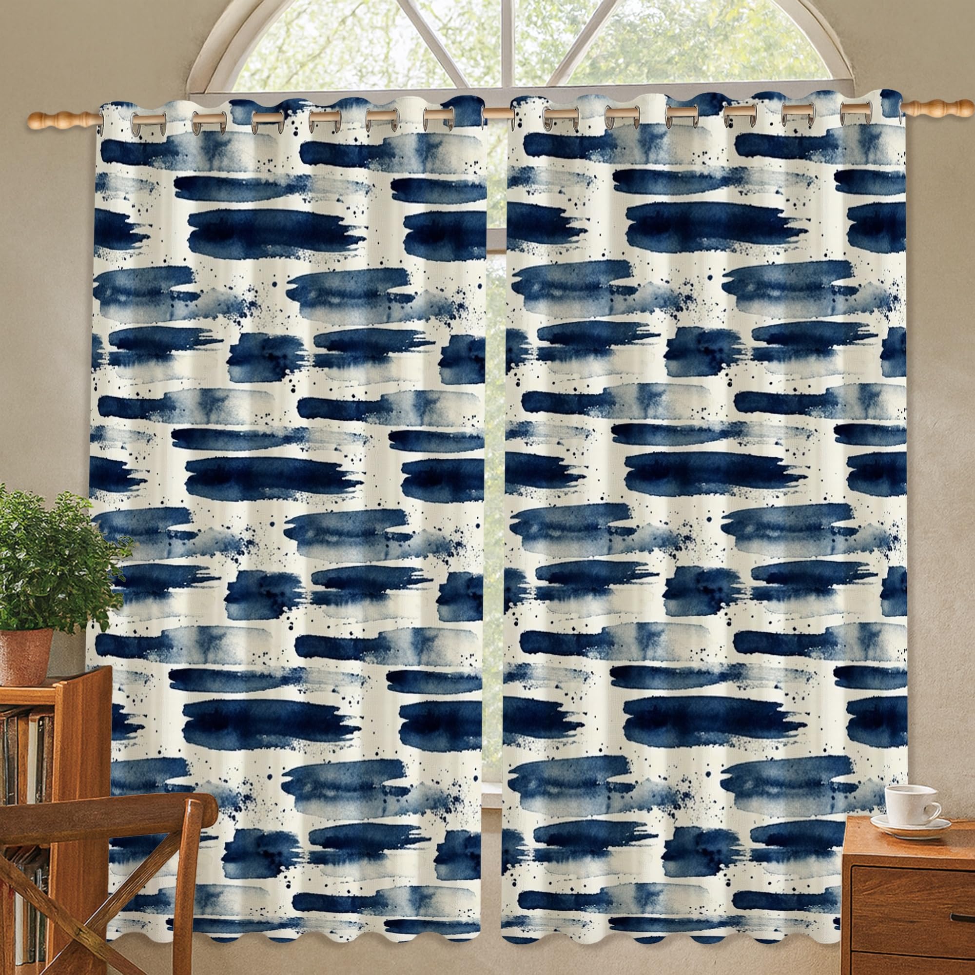 Rideaux occultants bleu marine motif brossé abstrait 106x114 cm pour salon