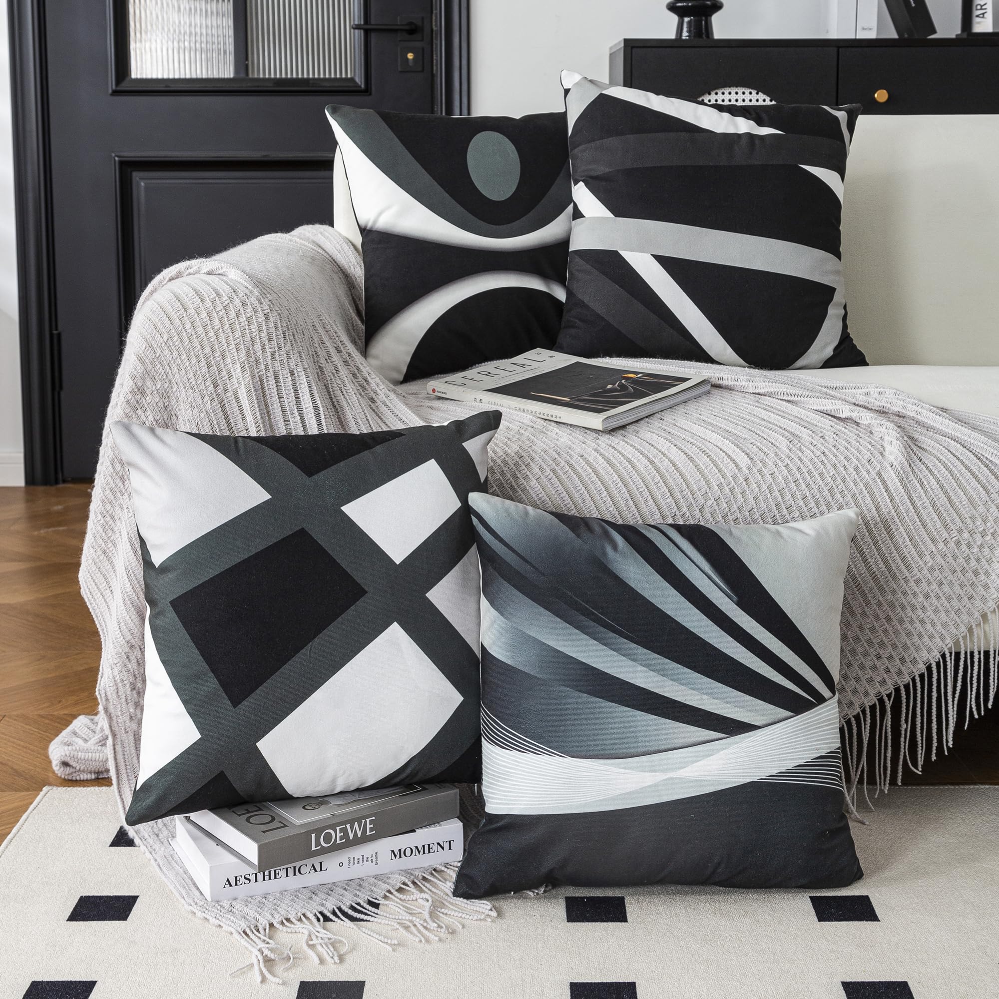 ZHILING Set of 4 Cushion Covers 45x45cm Abstract Black Grey White Stripes Bold design Pillow Cases Home Decor Square cushion covers 18x18 Inches - Image 4