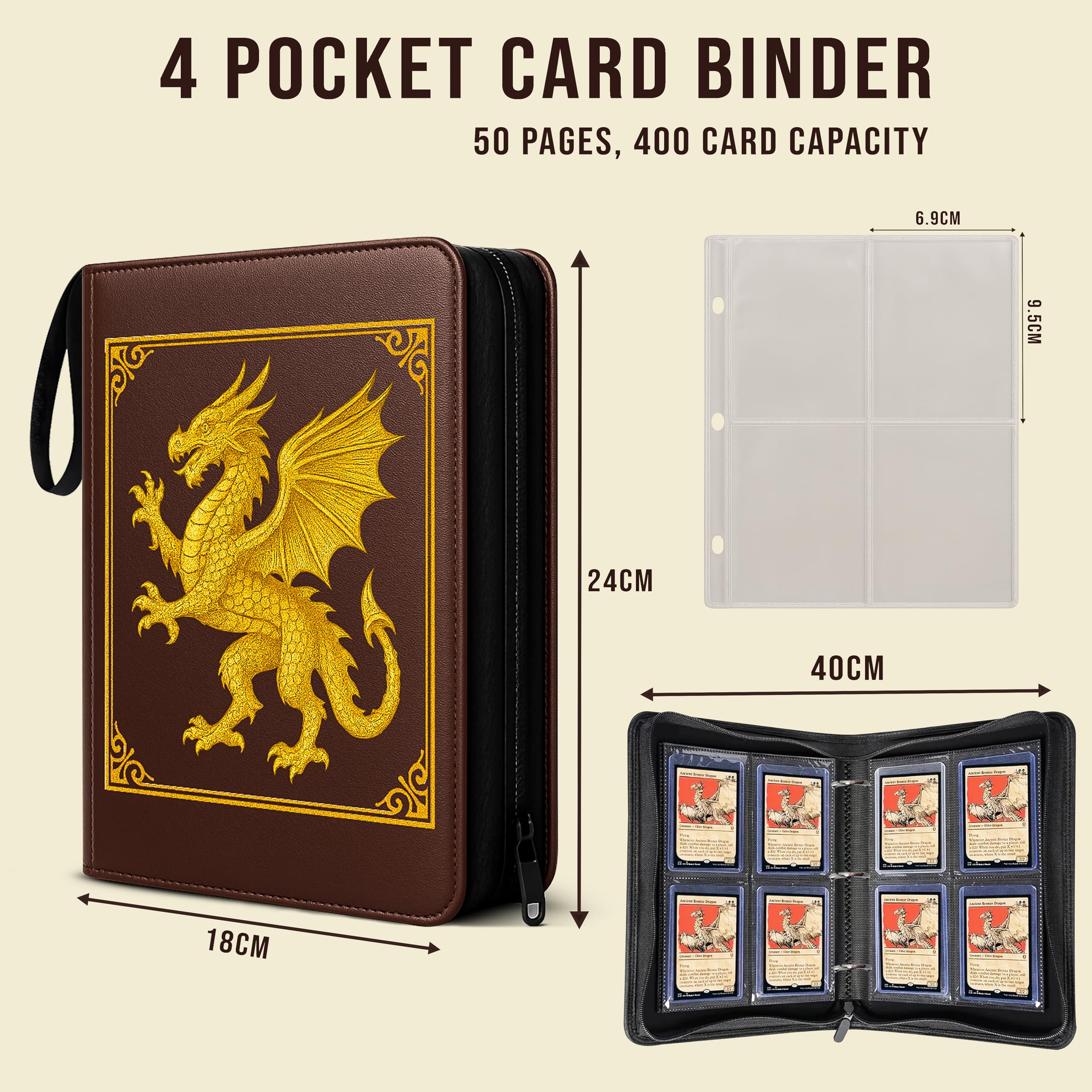 4 Pocket Trading Card Binder, 50 Pages 400 Cards, PU Leather Trading Cards Album Folder for MTG TCG, Pokemon Yu-Gi Oh - Image 3