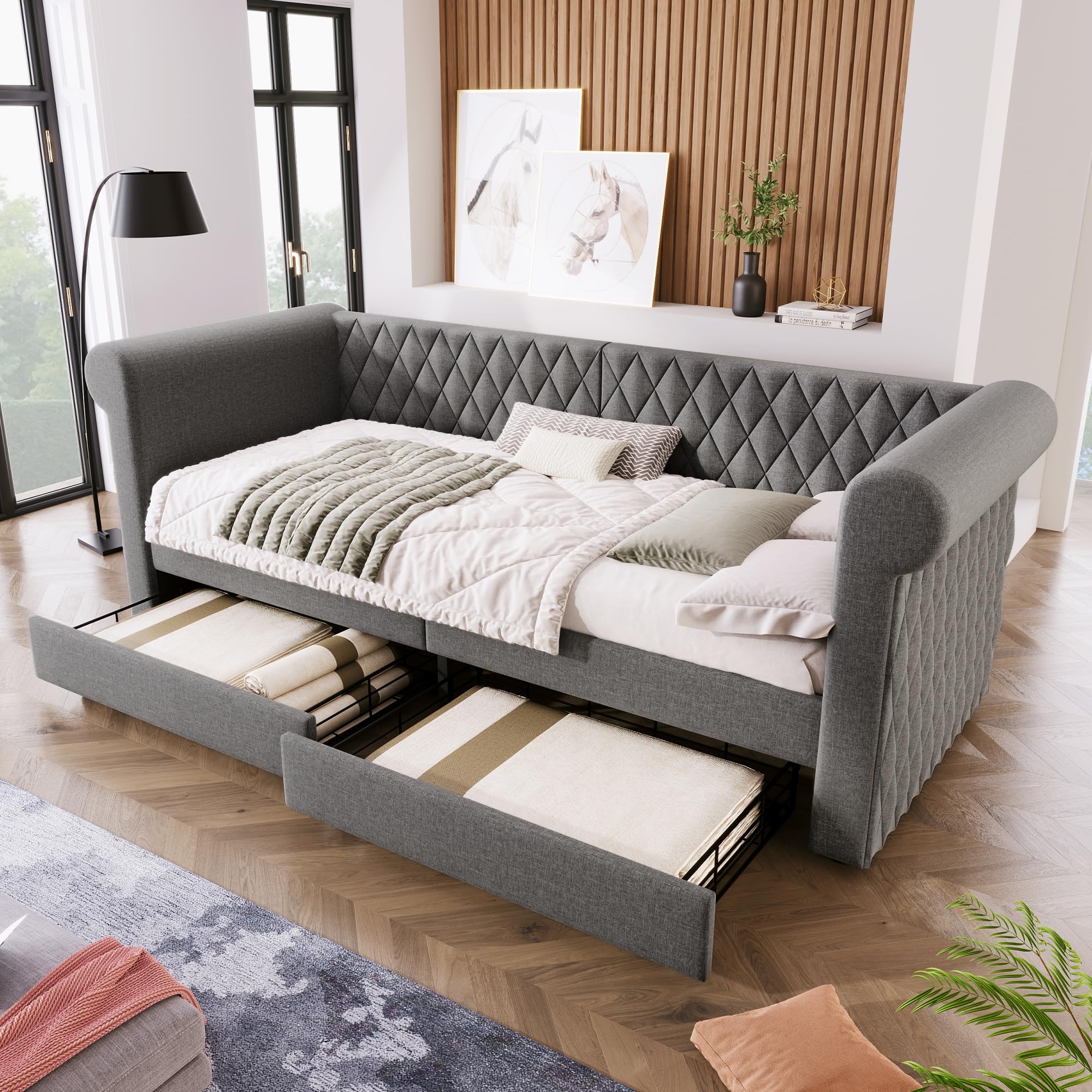 Soweiz Testiera vintage letto imbottito divano letto, divano letto letto singolo con 2 cassetti portaoggetti, letto per bambini letto per giovani telaio del letto con rete a doghe in legno, lino
