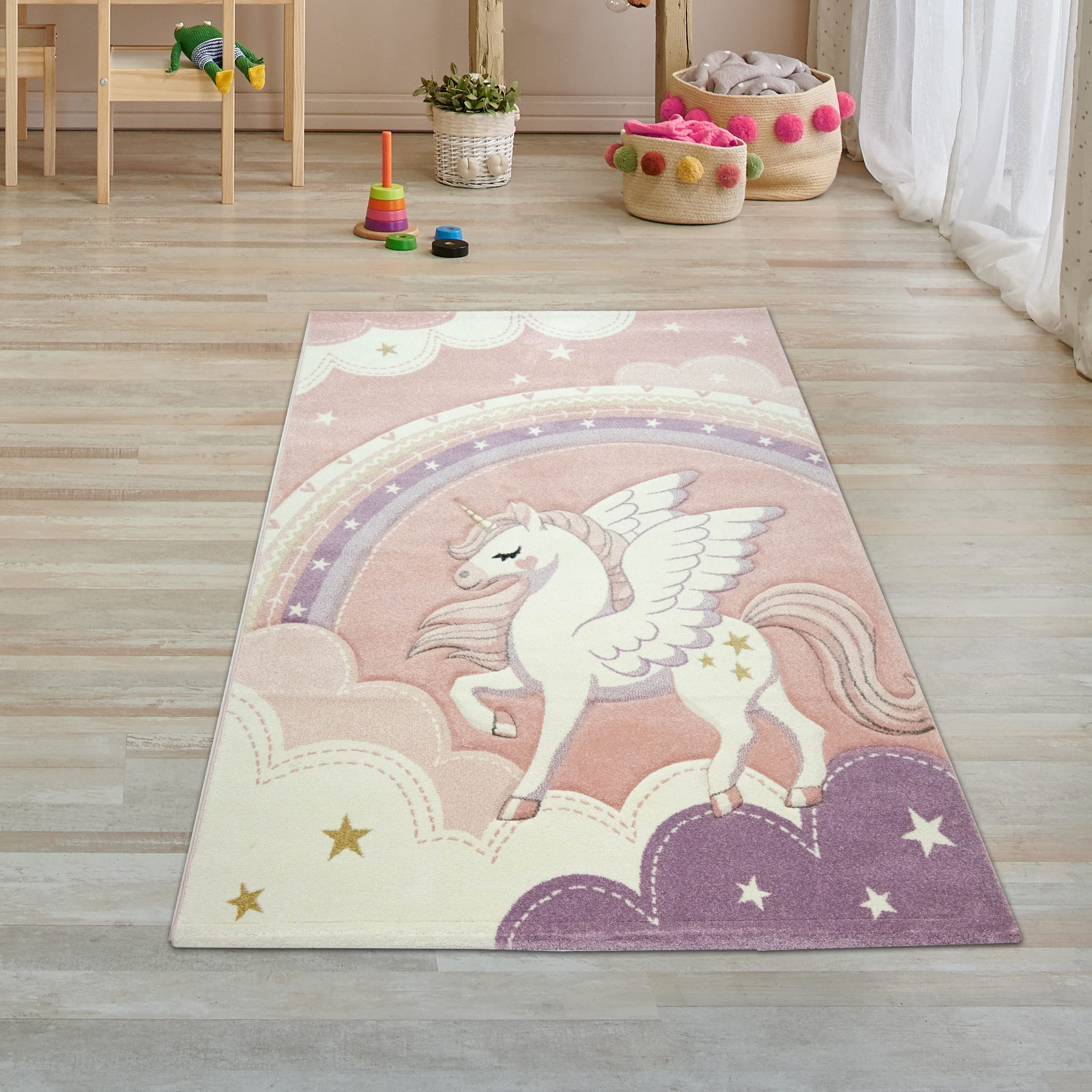 Teppich-Traum Alfombra Infantil de Juego para Niños Unicornio Arcoíris Nubes Cielo Crema Rosa - fácil de Cuidado y Muy Resistente Größe 80x150 cm