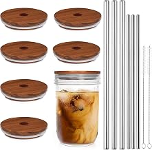 Wide Mouth Mason Jar Lids, CNVOILA Mason Jar Lids With Straw Hole, 6 Pack Wooden Mason Jar Lid & 3 Stainless Steel Boba Straw & 3 Stainless Steel Thin Straw - 6 Pack