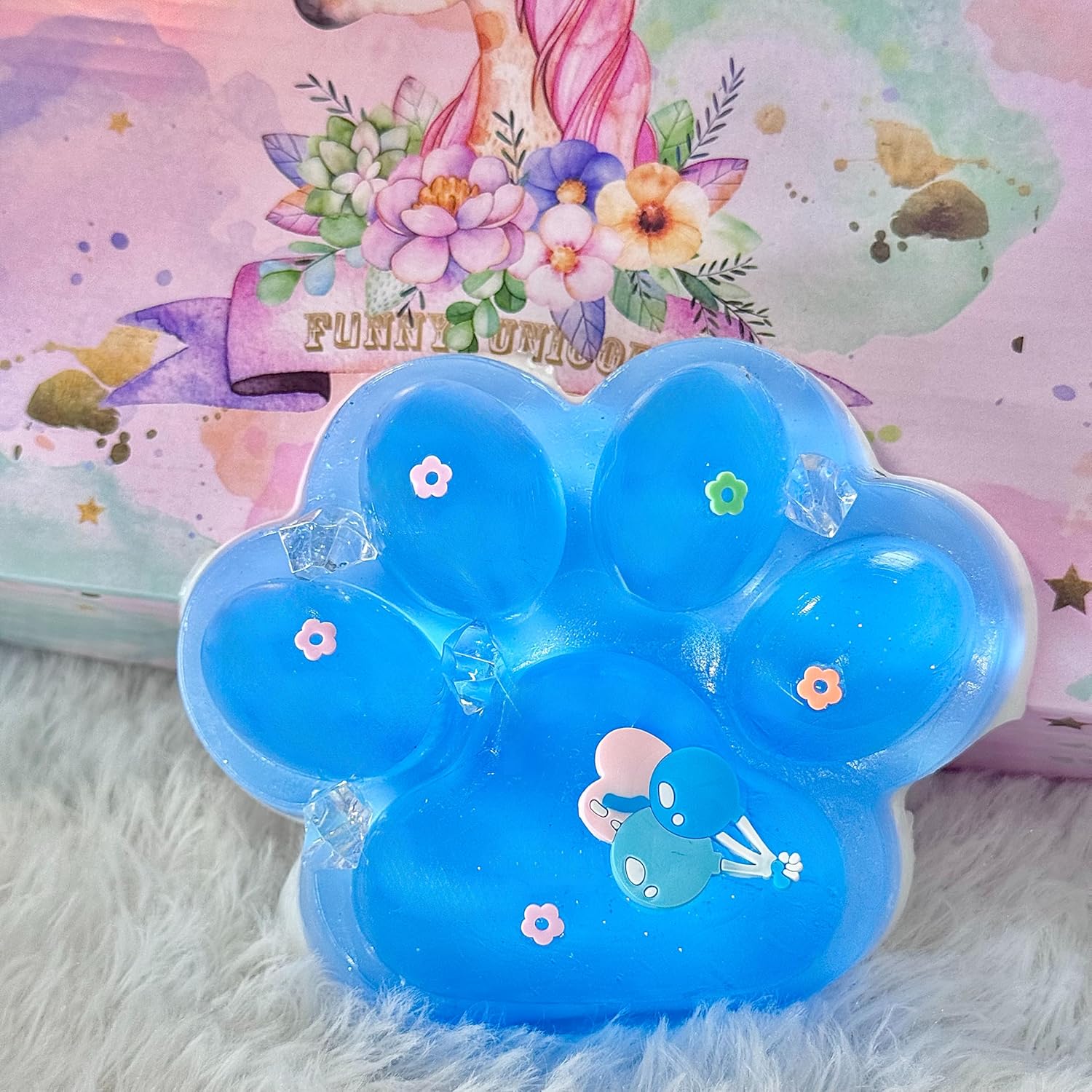 Big Taba Squishy Cat Paw, 5 in Large Paw Squeeze Toy Glittering Blue & White for Stress Relief and Relax, Sticky Squishies Fidget Toys for Party Favors Novelty Things Birthday Gift