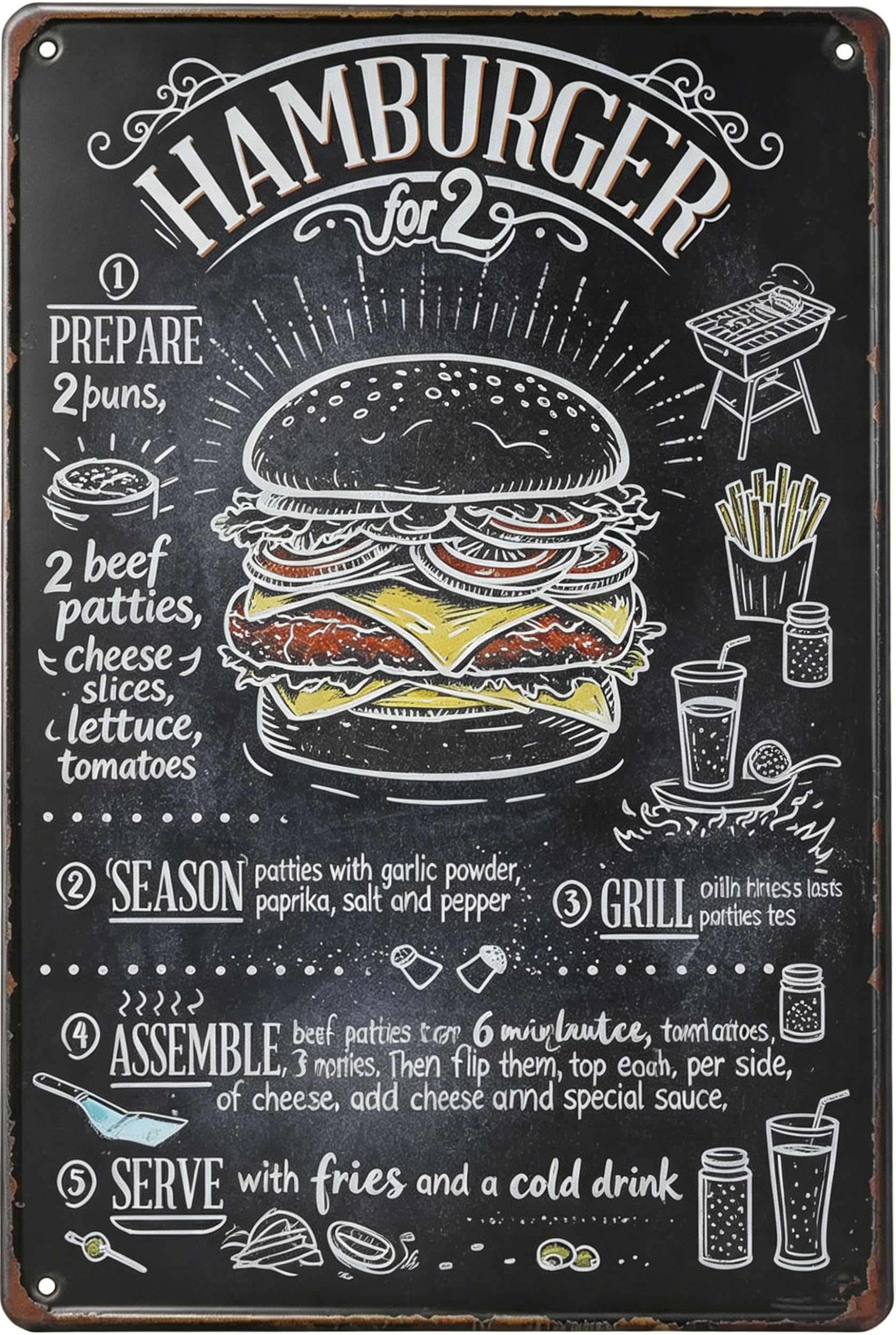 Fast Food Vintage Tin Sign - Hamburger Retro Metel Sign - Wall Decor wall sign for Kitchen Bakery Cafe Restaurant