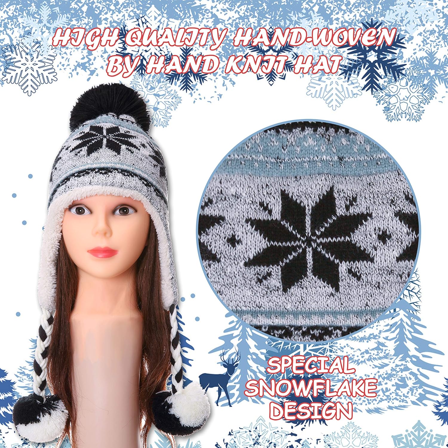 Dosoni Winter Hats for Women Knit Beanie Soft Warm Fleece Lined Long Ear Straps Snow Ski Cap with Pompom - Image 4