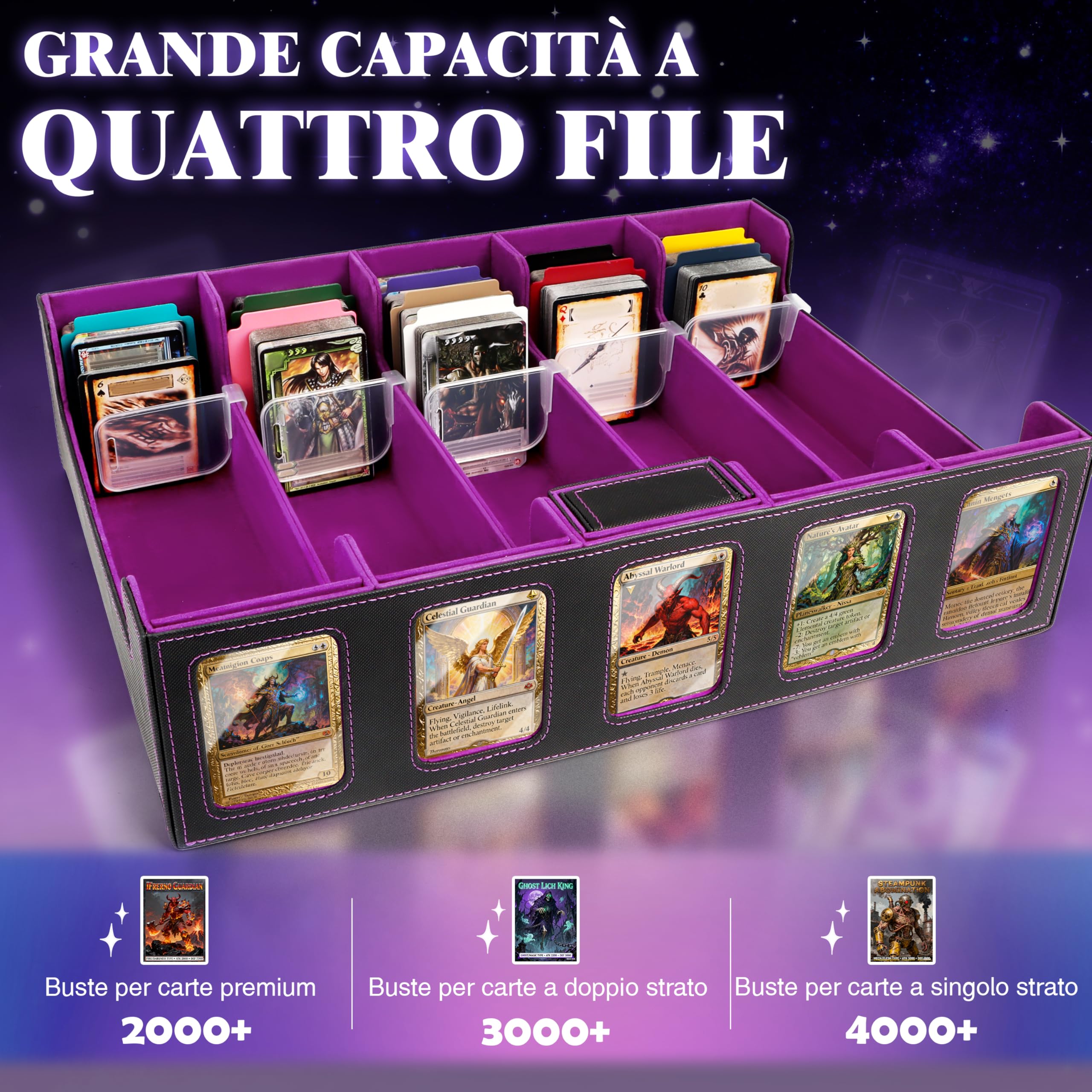 Charmofun Deck Box per Carte, Magnetic Scatola di Carte da Collezione per Oltre 2800+, Porta Deck con Pelle PU e Chiusura Magnetica, 10 Divisori per Carte, 4 Clip Divisorie (Viola, 3000+)