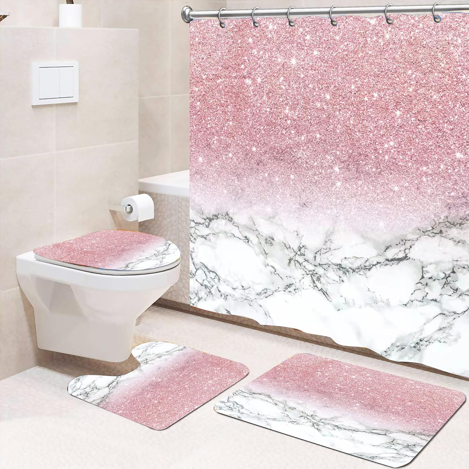 4 Pcs Pink Bathroom Shower Curtain Set with Waterproof Shower Curtain, Non-Slip Soft Flannel Rugs, Toilet Lid Cover, Bath Mat and 12 Hooks for Home Decorations, Pink, 72"x72"