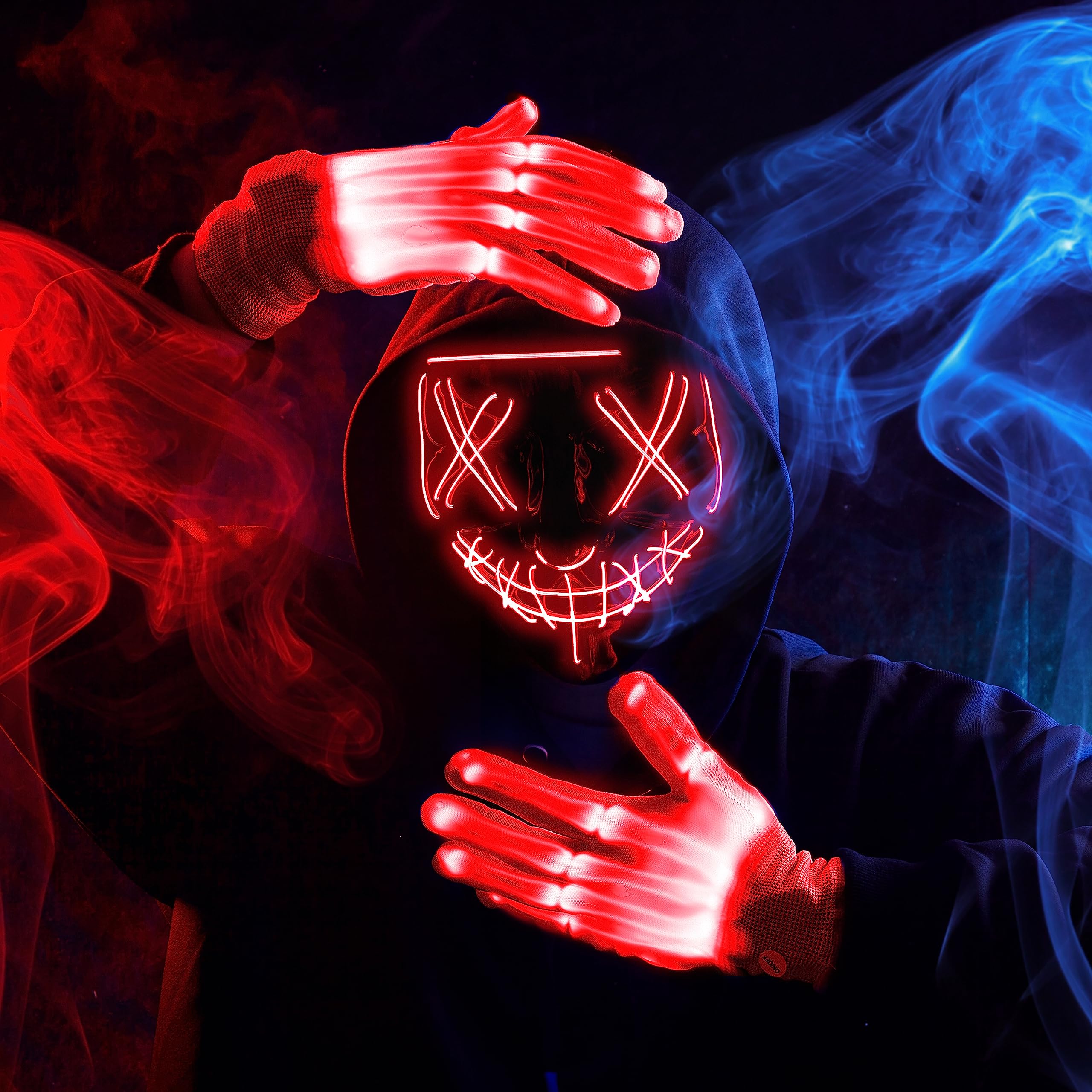 Máscara LED de Halloween, máscara de luz y guantes para disfraz de cosplay (rojo), 3 modos de máscaras aterradoras que brillan en la oscuridad para niños y niñas, accesorios de disfraces para 7