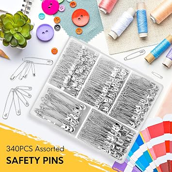 Huhuhero 340 Pack Silver Safety Pins Assorted, 5 Different Sizes Pin Bulk | Small & Large Heavy Duty Safety Pin for Clothes Sewing, Strong Nickel Plated Steel, Sharp Edge, Art & Craft Supplies