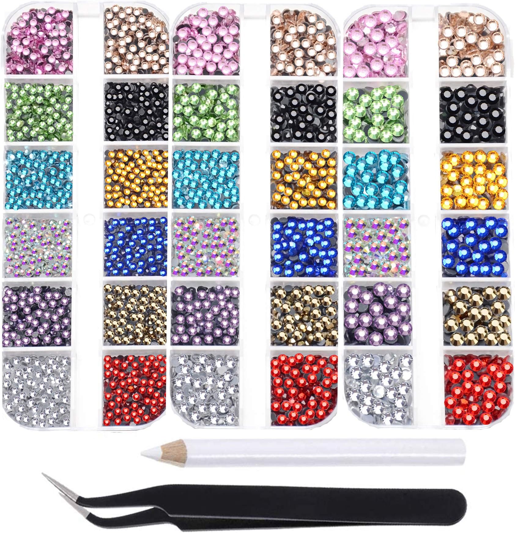 Massive Beads 10000pcs Flatback Glass Hotfix Iron On Rhinestones Crystal for DIY Making with 1 Tweezer & 1 Picking Pen for Shoes, Clothes, Face Art, Bags, Manicure (12-Colors, 3 Sizes)