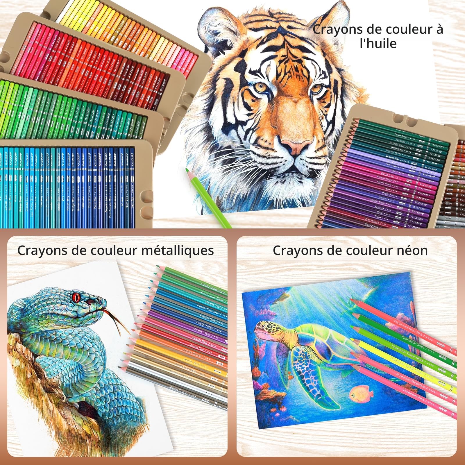 KALOUR PDAS Lot de 180 crayons de couleur pour adultes et artistes, pigments riches et souples, 15 métalliques, 6 fluo, idéal pour le coloriage, le dessin, les croquis,