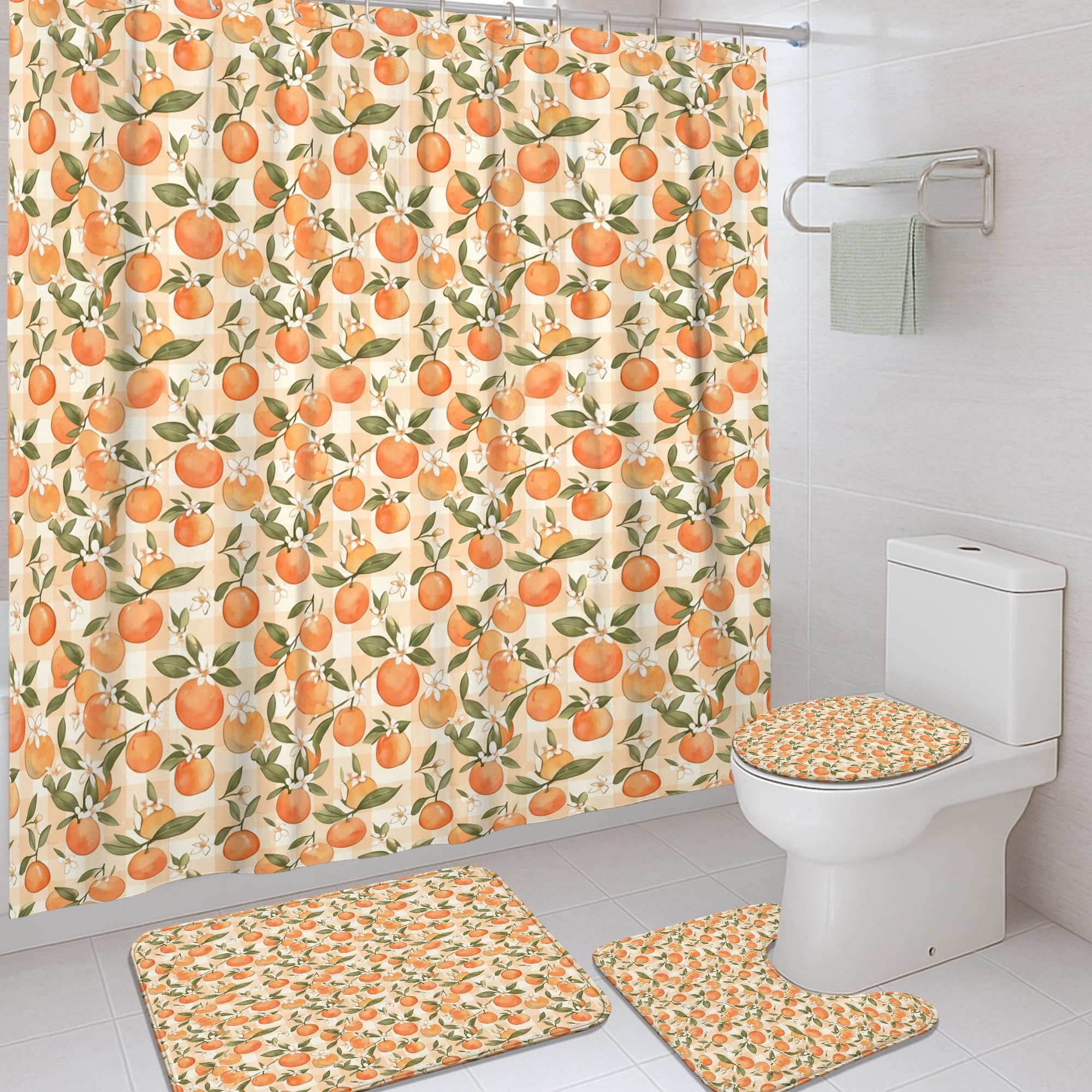 Rideau de douche orange été 183x183 avec tapis et crochets