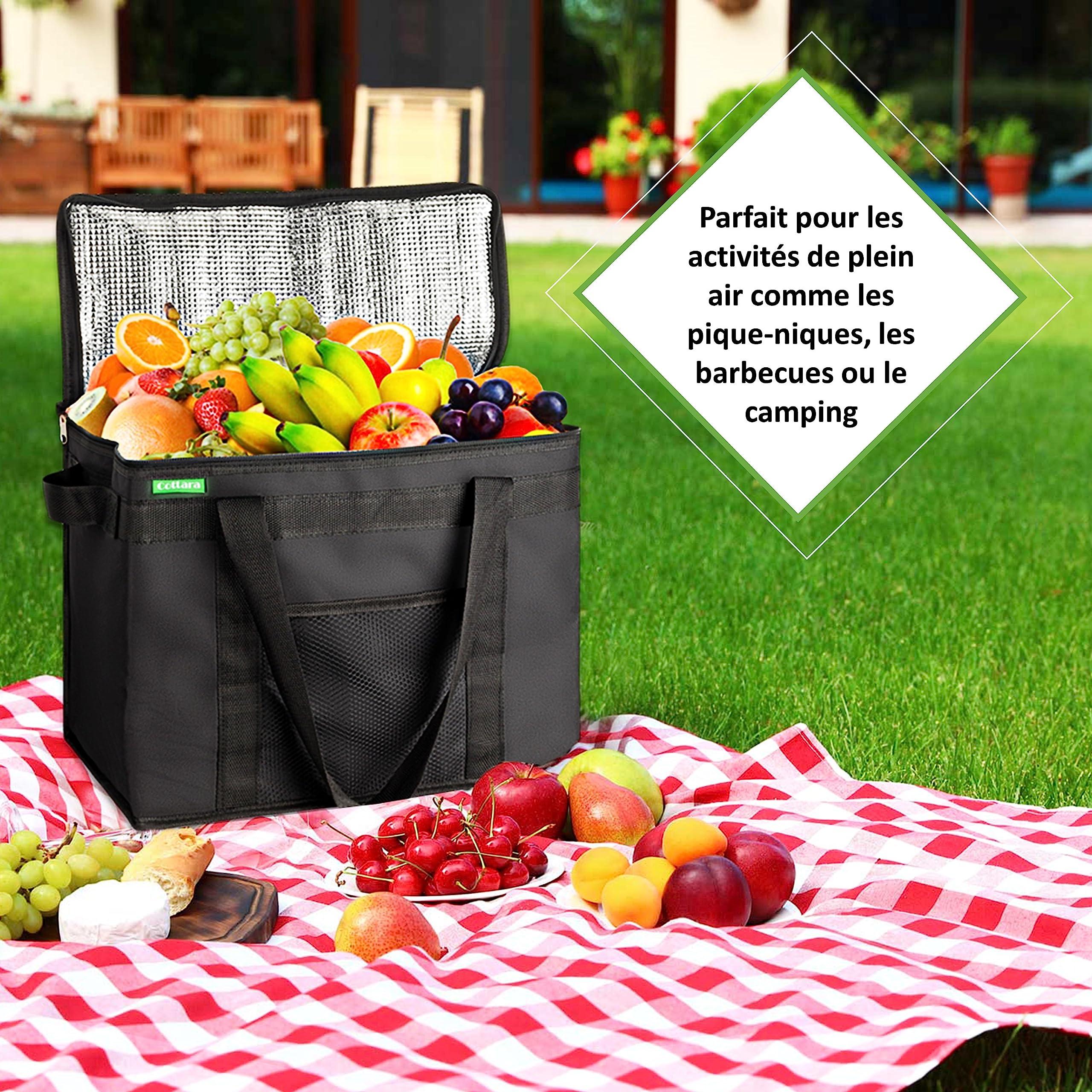 COTTARA Lot de 2 sacs isothermes pliables de qualité supérieure - Grand sac de courses avec fond renforcé - Idéal comme sac isotherme, panier de courses, sac de pique-nique - Noir 40 x 24 x 31 cm