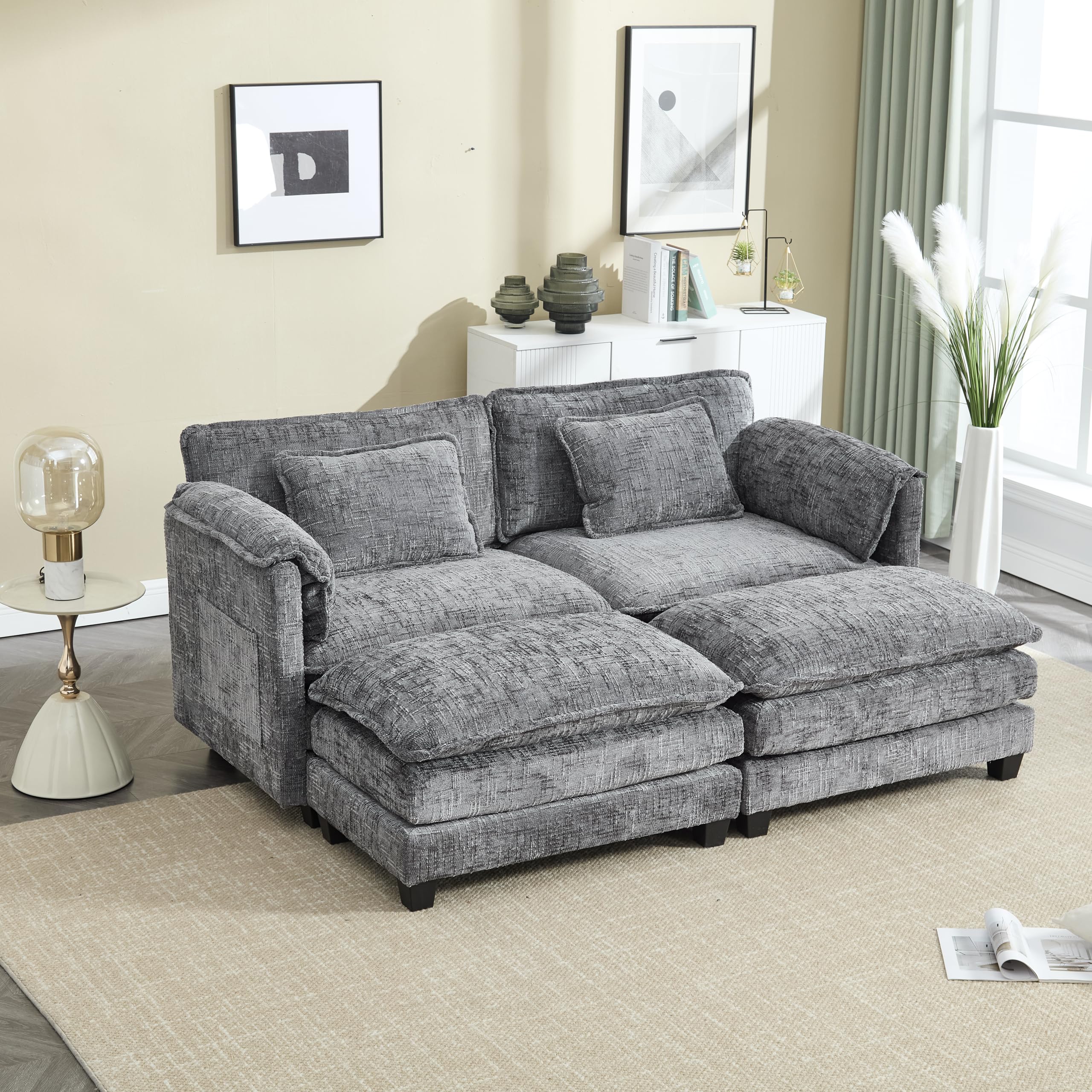 Boucle Chenille Modular Loveseat Sectional Sofa Couch Convertible Sleeper Daybed with Movable Ottomans and Detachable Armrests , Deep Seat Reversible Lounge Chaise with Side Pockets for Living Room