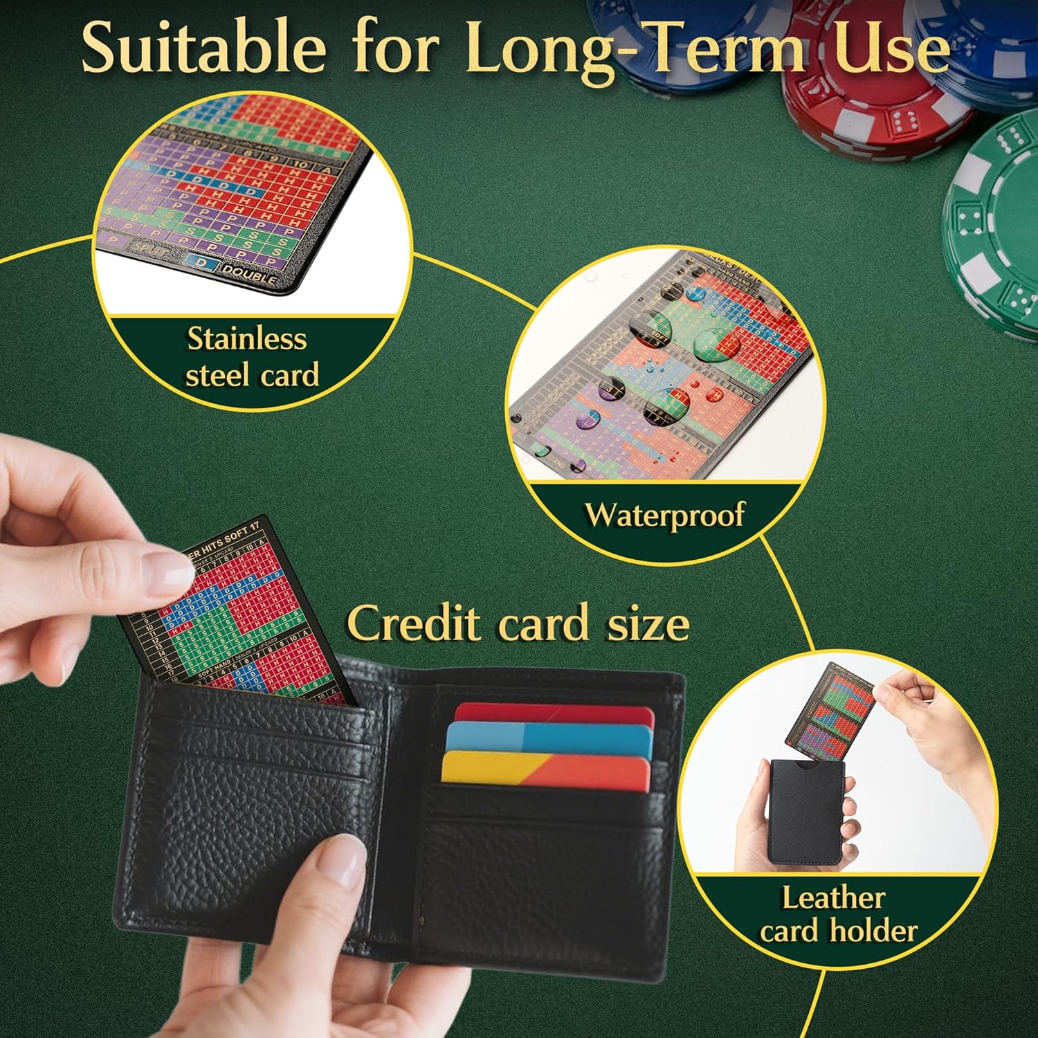 Blackjack Strategy Card - Metal Basic Strategy Blackjack Card with Magnifying Lens, Pocket-Sized Tips Allowed at Black Jack Table in The Casino 4+ Decks Hit Soft 17 with Leather Sleeve
