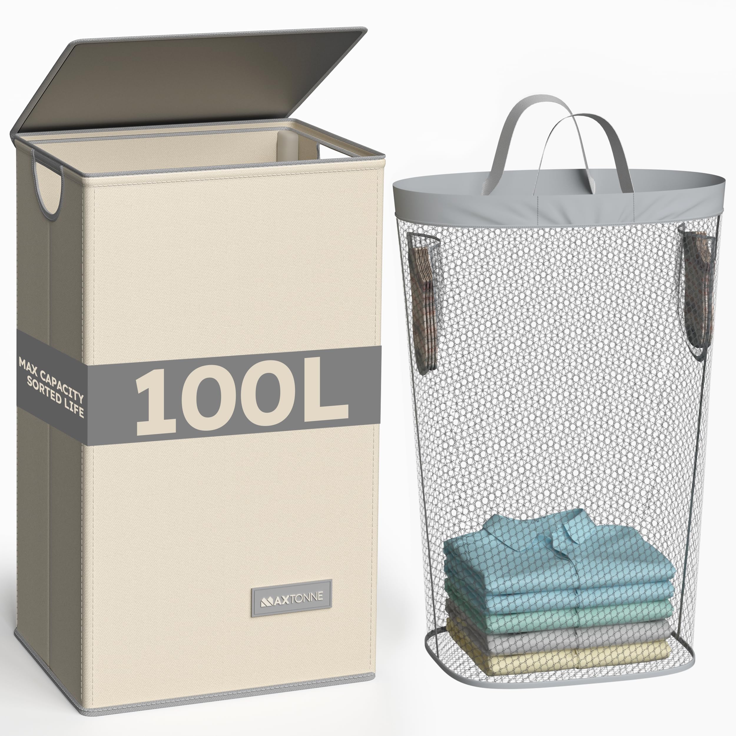 Maxtonne 100L Laundry Basket with Lid, Integrated Comfort-Grip Handles, Collapsible & Sturdy Large Laundry Hamper with Removable Bag, Washing Basket for Bedroom, Bathroom, Laundry Room, Beige