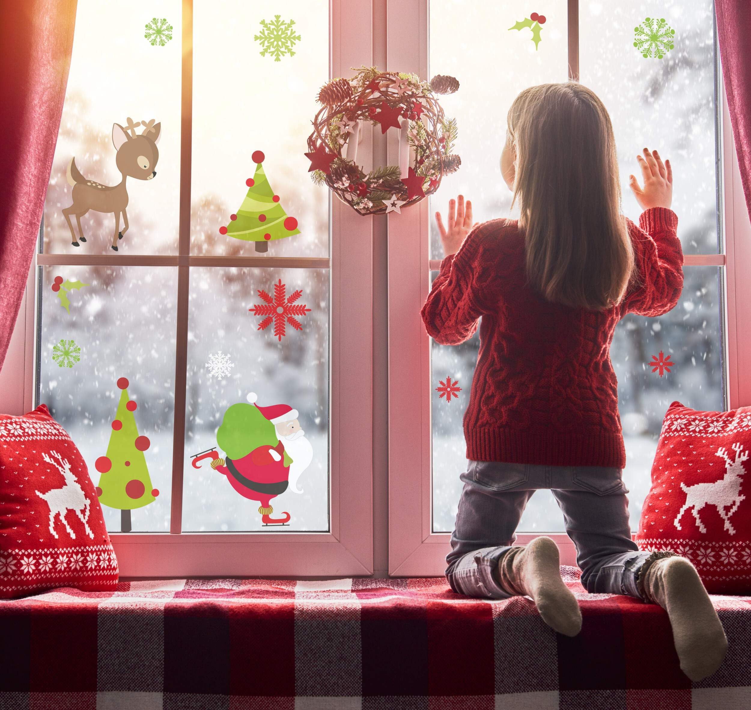 Quotemywall Red, White Christmas Santa & Reindeer Christmas Window Stickers