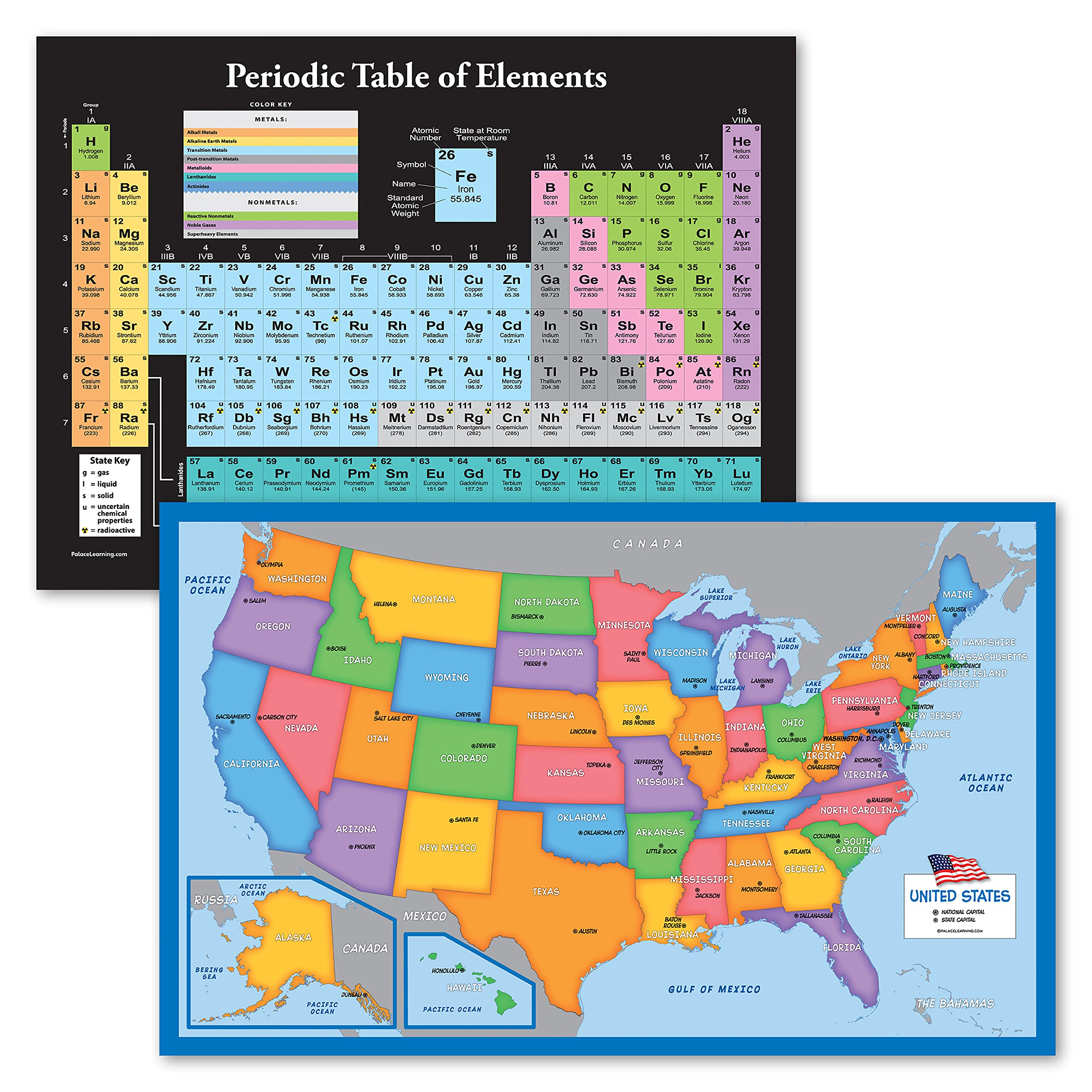 2 Pack - Periodic Table of the Elements Poster [Black] & Simplified USA Map Chart for Kids [Blank] (LAMINATED, 18" x 24")