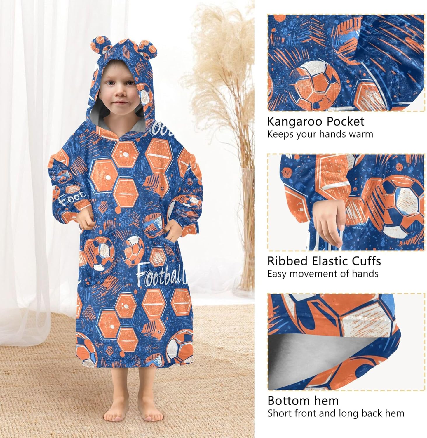 Football Soccer Sport Kids Wearable Blanket Hoodie with Pocket and Sleeves for Toddlers, Cute Hoodies Girls B0403900