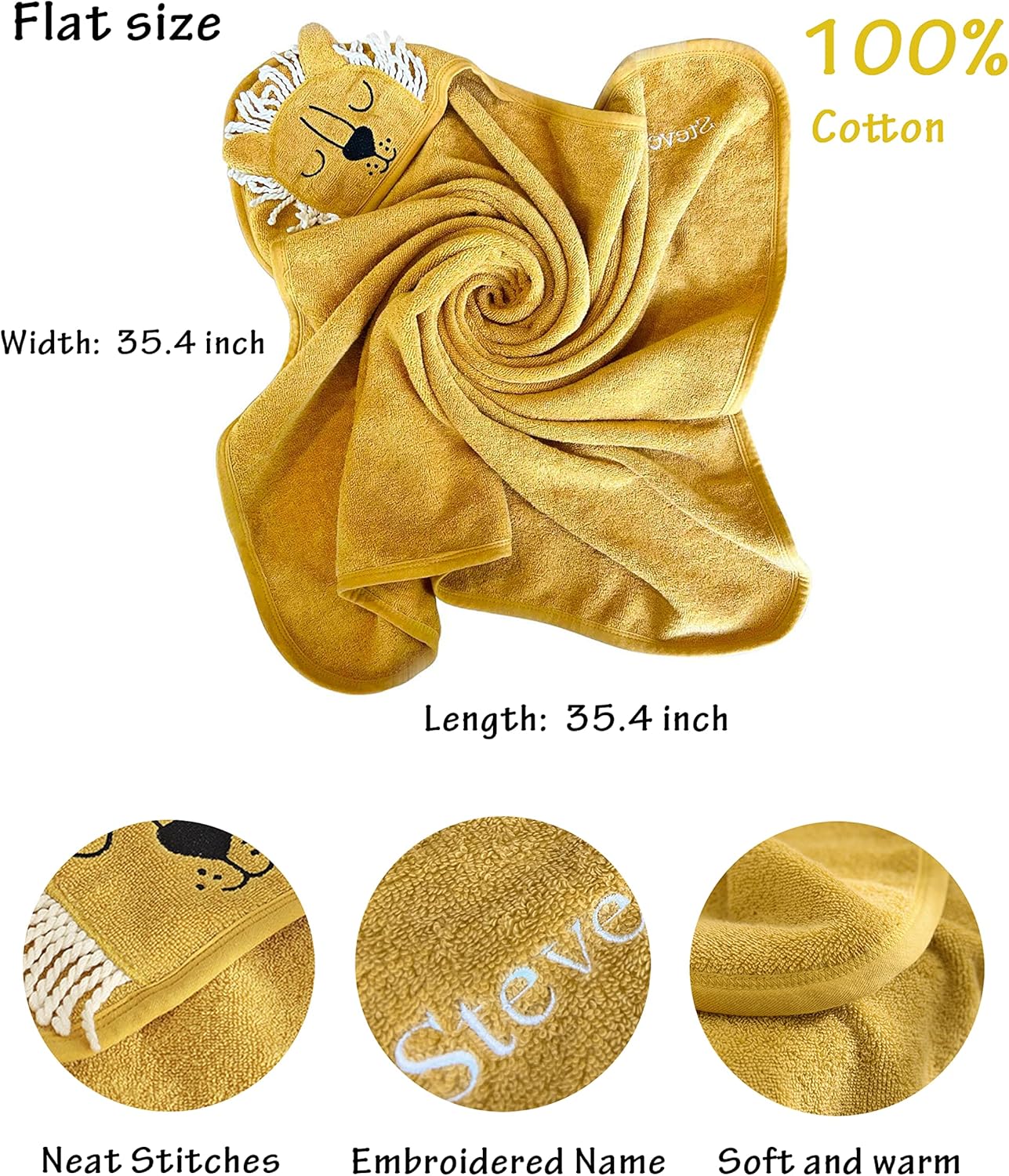 MT WORLD Animals Baby Towel with Name Personalized Hooded Towel for Babies Toddler Custom Neutral, Soft Cotton Fabric,One Size for Kids
