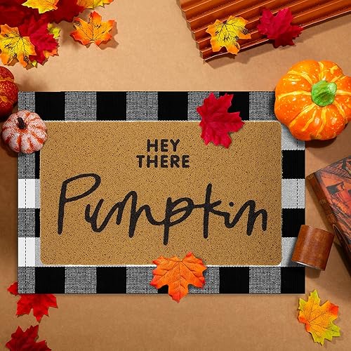Miniatura 2 de Fabbay 2 tapetes de bienvenida de otoño de Halloween, diseño de calabaza y búfalo negro y blanco | Tapete de bienvenida en capas para puerta