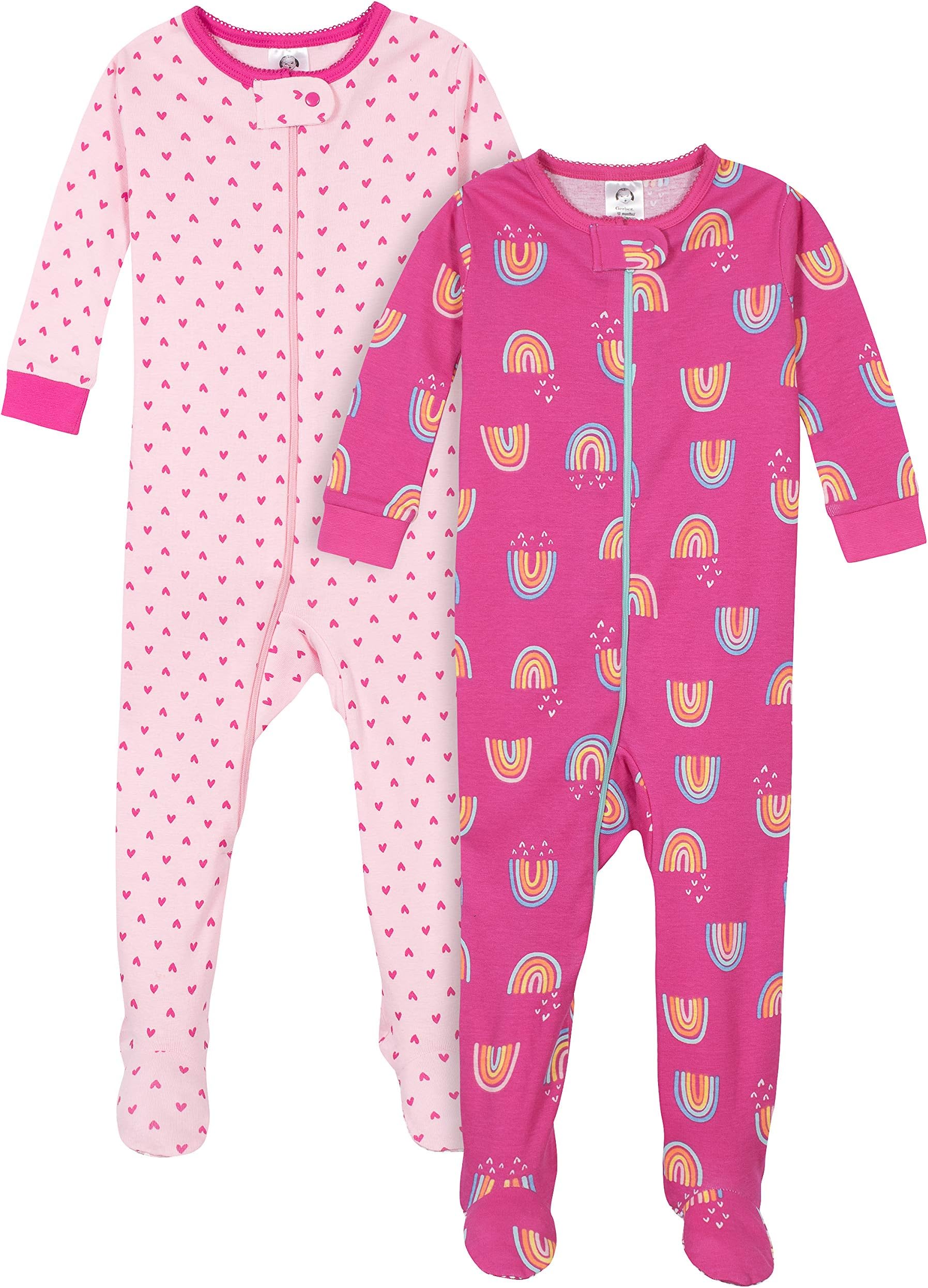 Baby Girls 2-Pack Footed Pajamas, Rainbows Pink, 9 Months