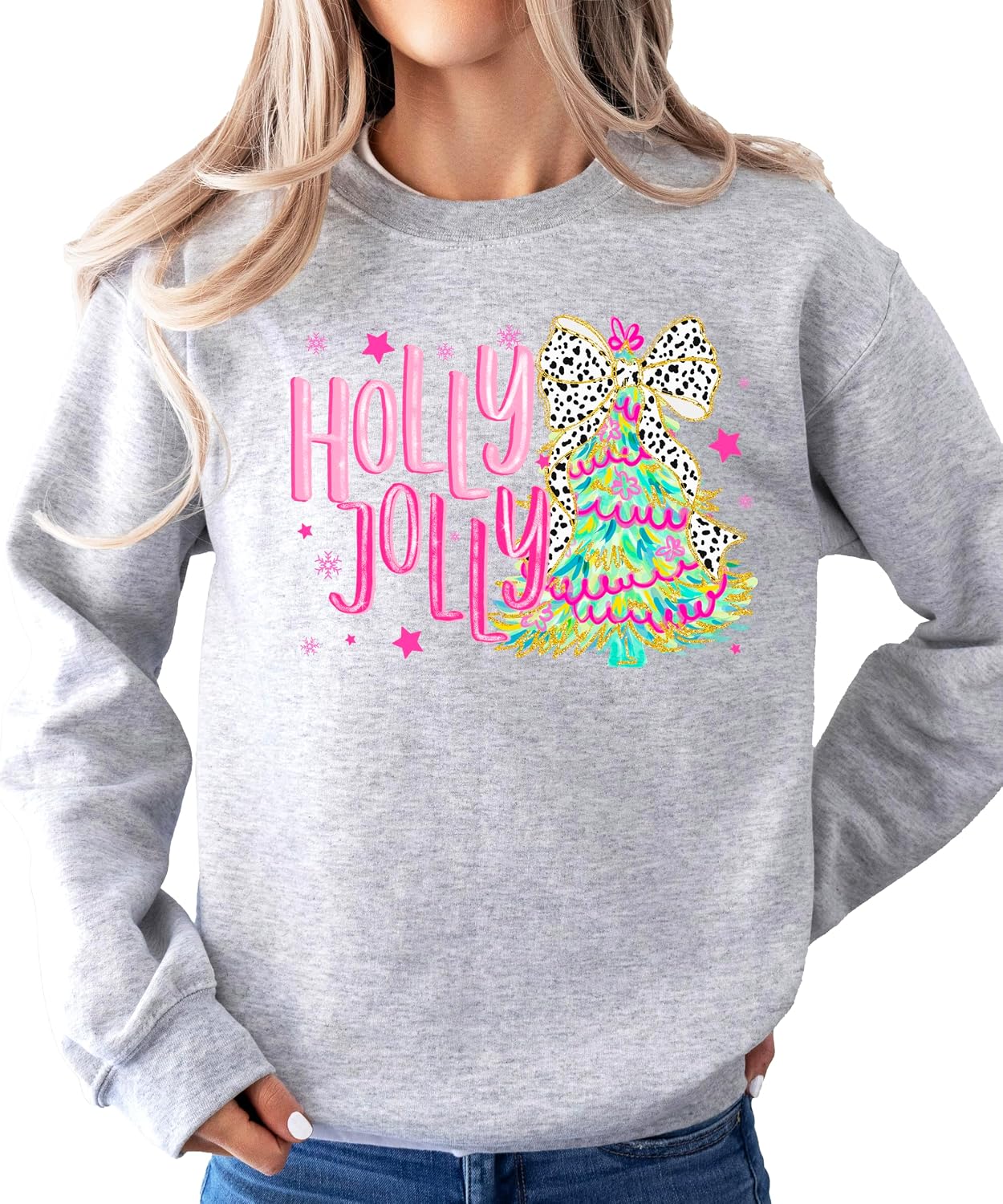 Olive Loves Apple Holly Jolly Sweatshirt for Women Teens and Girls Colorful Christmas Tree Pullover