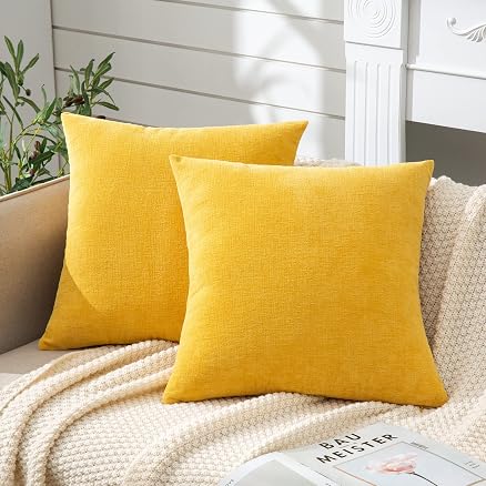 decorUhome Chenille Mineral Yellow Throw Pillow Covers 18x18 Inch Set of 2, Decorative Soft Couch Pillow Covers Solid Dyed Accent Farmhouse Neutral Square Pillow Cases for Sofa
