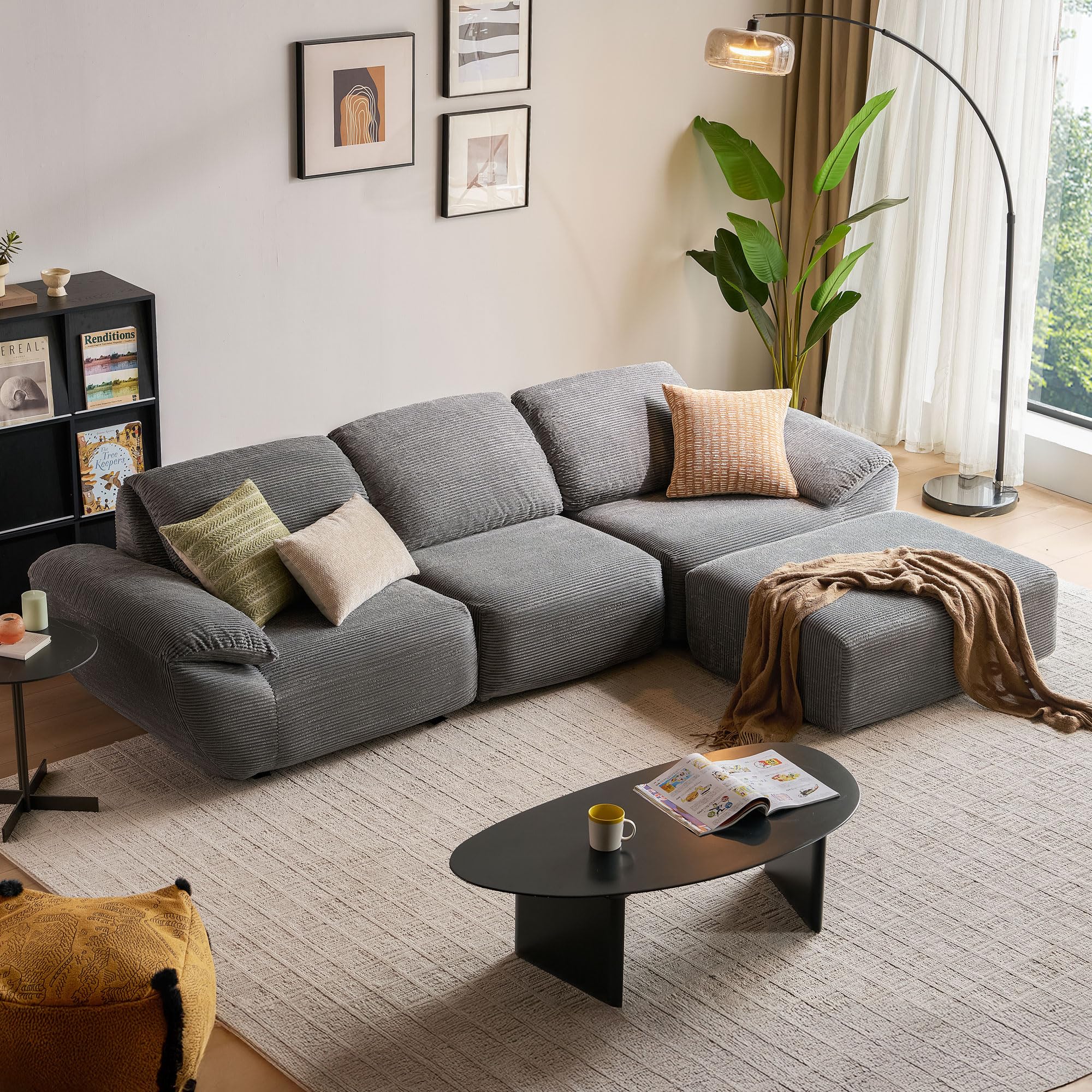 LINSY HOME Ecksofa mit Schlaffunktion - 290cm Corduroy Modulares Schlafsofa, L Form Couch, Sofa 3 Sitzer mit Ottomane, Sektionssofas für Wohnzimmer, Keine Montage erforderlich