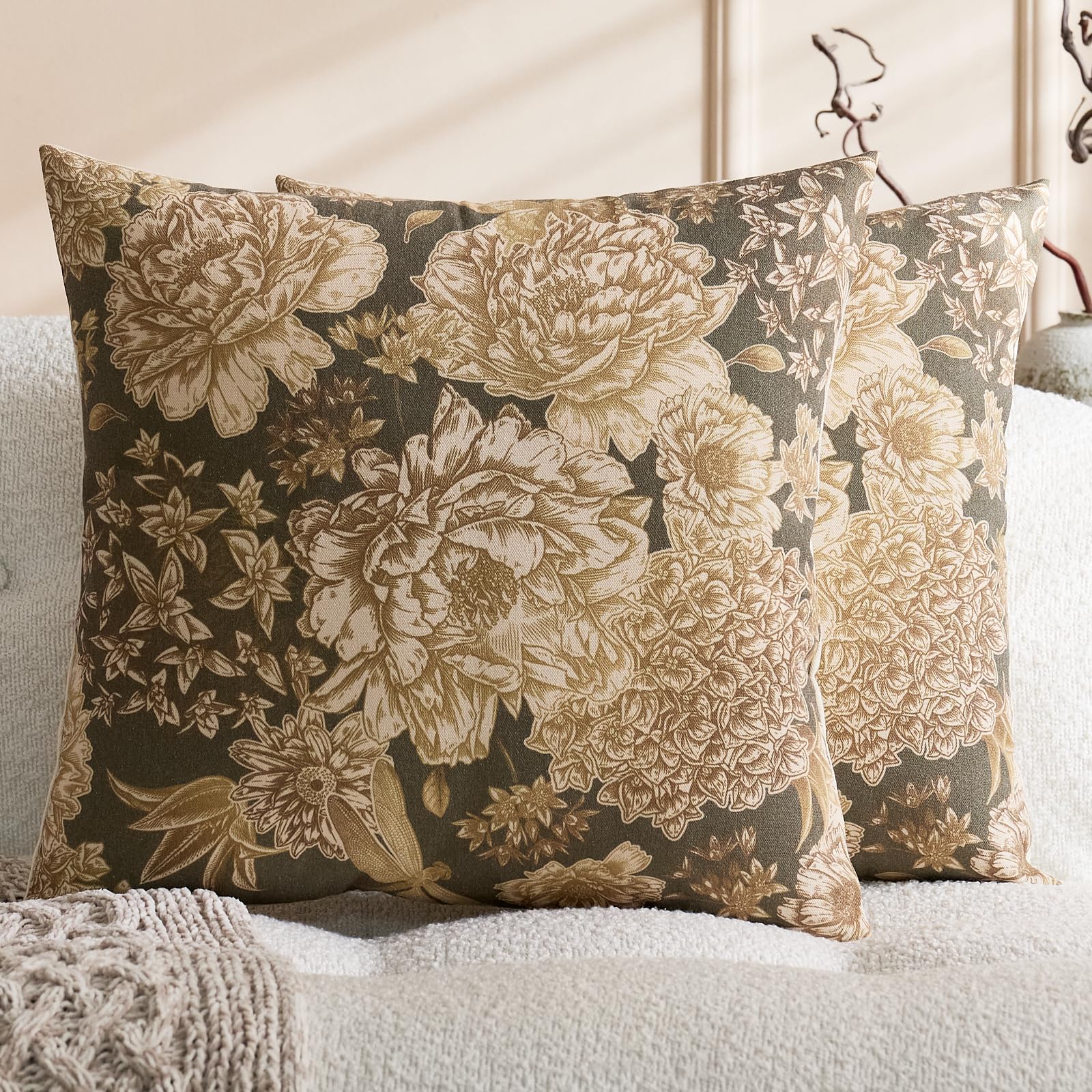 Floral Green Vintage Pillow Covers, 20x20, Set of 2