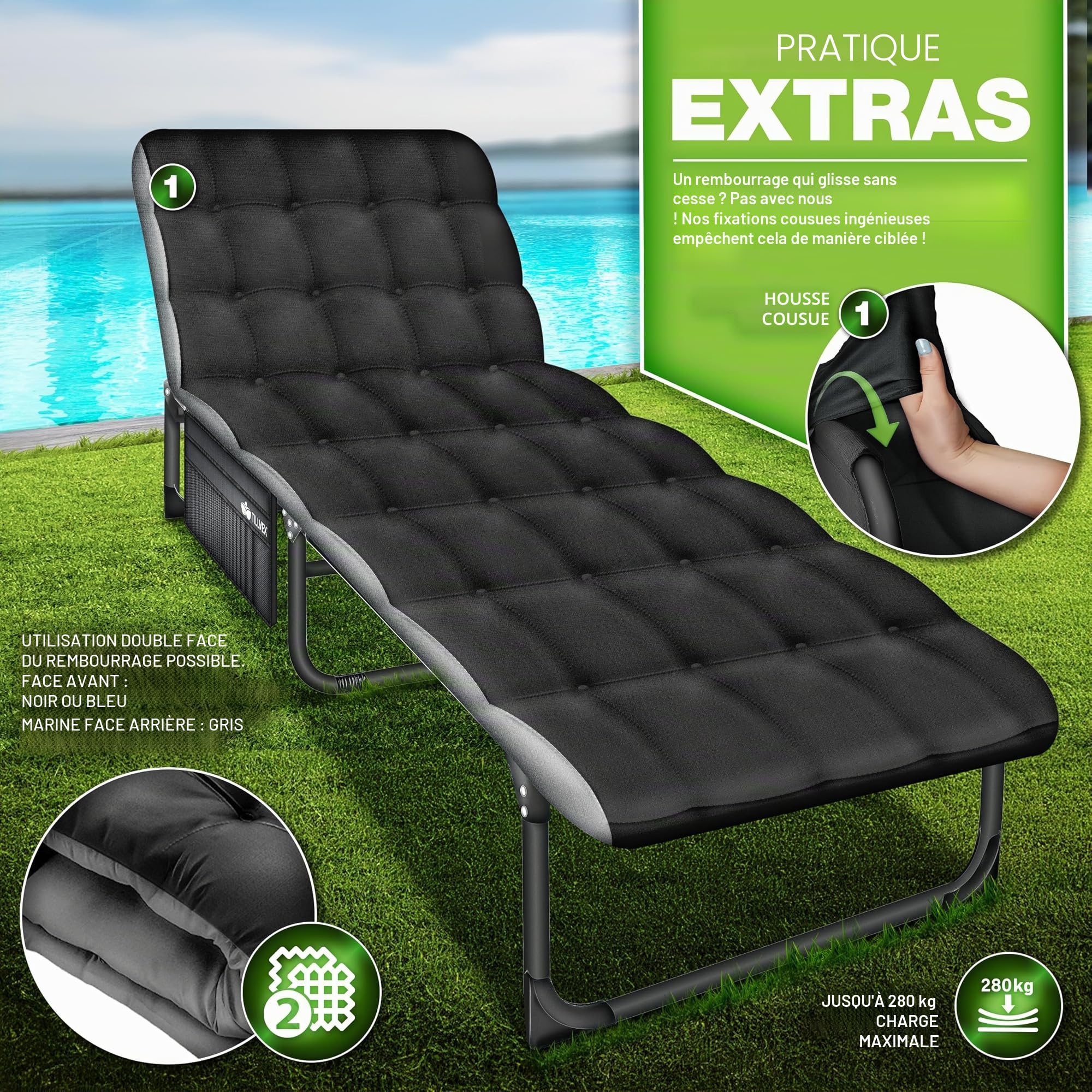 tillvex® Lit de camping pliable avec sac de transport et coussin de nuque - Charge maximale : 280 kg - Chaise longue de camping avec rembourrage - Pour l'extérieur et l'intérieur - Lit d'invité