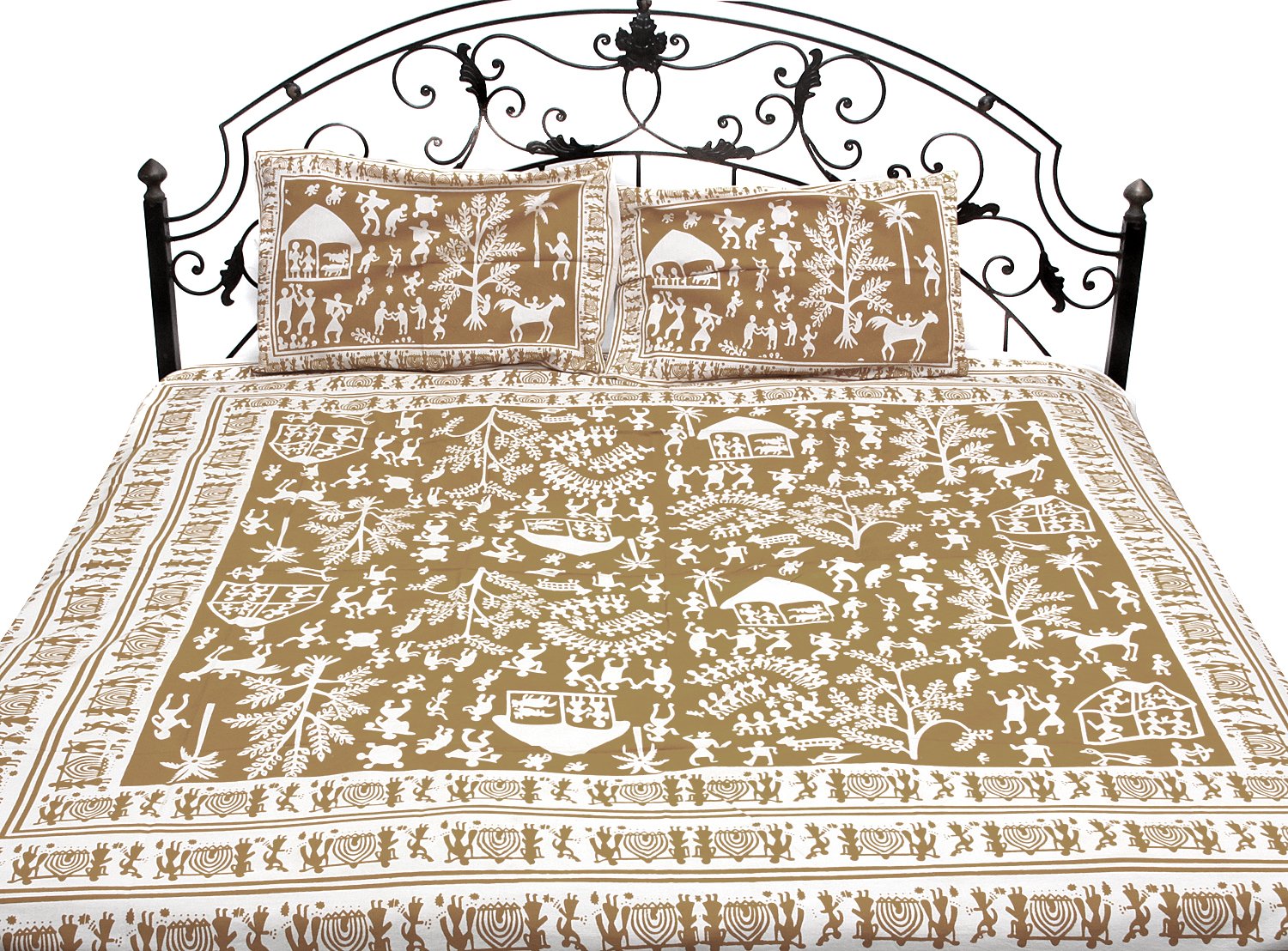 Exotic India Bedspread with Hand Printed Folk Figures Inspired by Warli Art - Pure Cotton with pillo-image-30