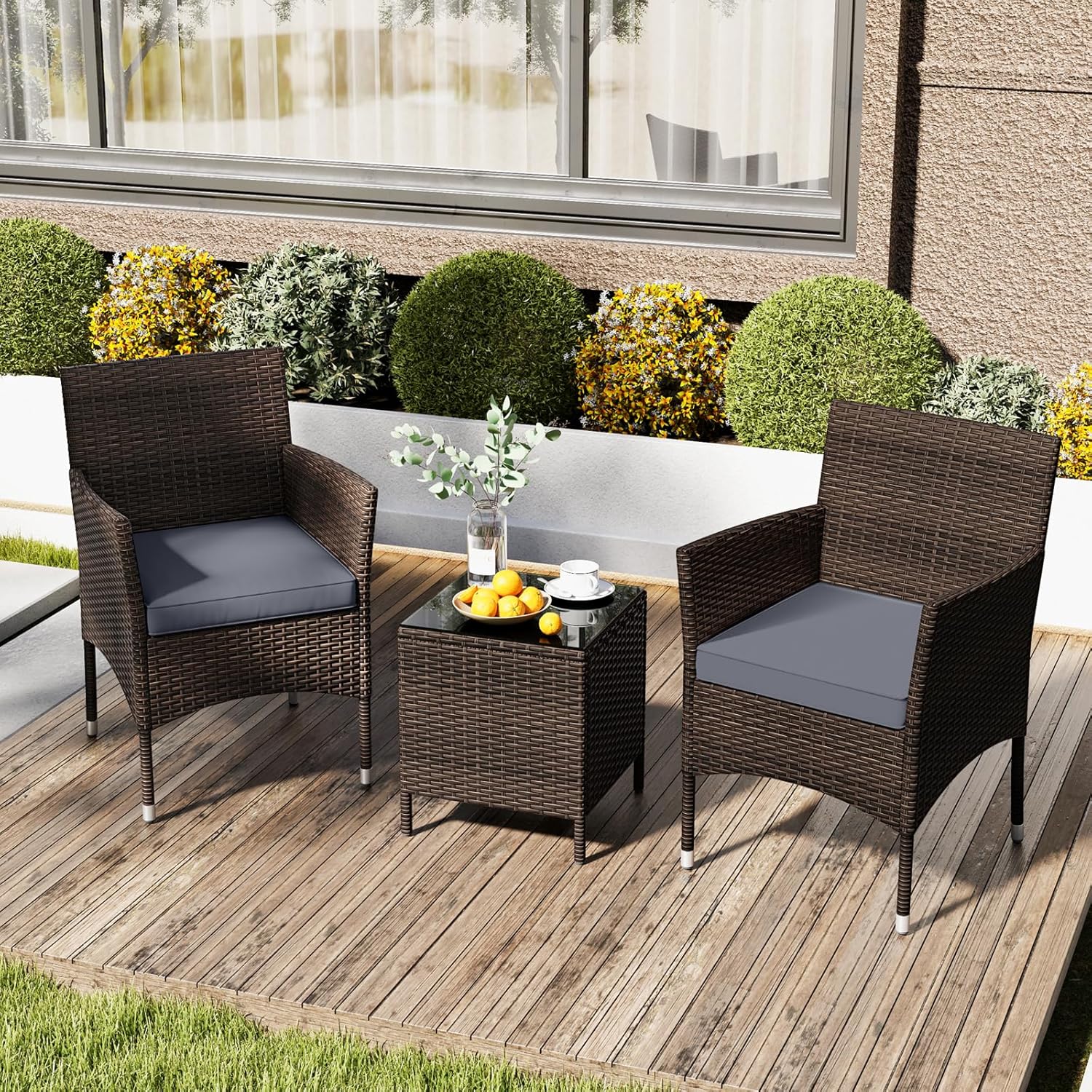 RELAX4LIFE 3-Piece Patio Furniture Set - Rattan Wicker Outdoor Conversation Set w/Cushions & Glass Coffee Table, Balcony Furniture for Porch Garden Backyard, Bistro Table and Chairs Set of 2 (Grey)